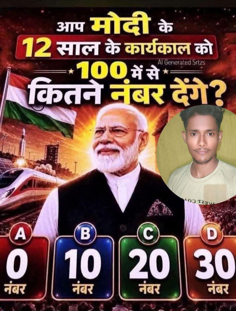 MathurSunn69674's tweet photo. आप सब मोदी के 12 साल के कार्यकाल को 100 में से कितने नंबर दोगे ??
A. 0
B. 10
C. 20
D. 30
#AbhijitDipke #CJPProtest #cjp_पार्टी  
#JantarMantar #NarendraModi #BJP  
#RahulGandhi #GandhiJayanti #delhi https://t.co/KtUIRlUJJI