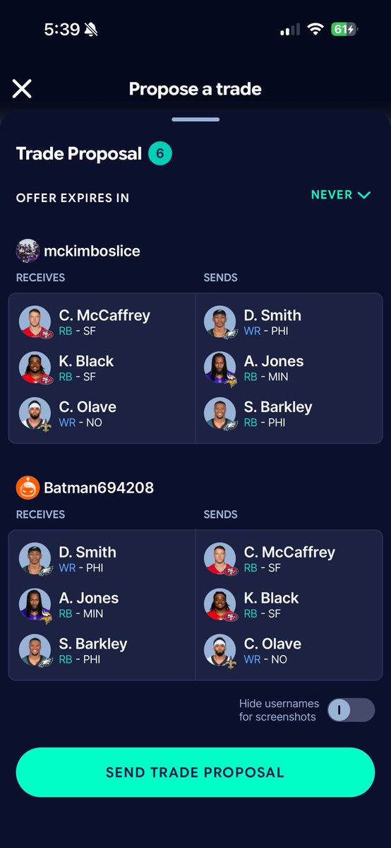 coltonmckim's tweet photo. @BSDtakes You think this is fair ? I’d be getting cmc side 

My other RB is Gibbs and wr is Golden and Moore https://t.co/qumembG5zk