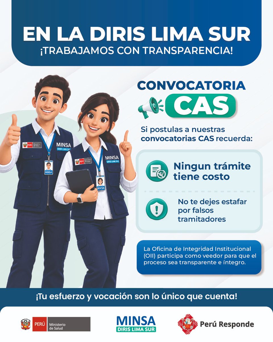 DIRISLimaSur's tweet photo. 📢¡Postula a las convocatorias CAS de la DIRIS Lima Sur!
Recuerda que ningún trámite tiene costo.
Actualmente se encuentra en curso el Proceso CAS N.° 002-2026-DIRIS LS/MINSA. Revisa las bases en: https://t.co/0TEPEIJHmn
#DirisLimaSur #ConvocatoriaCAS #MINSA https://t.co/GtVPrpqEf7