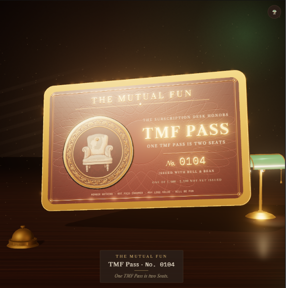 A digital display of a gold and brown ticket labeled 'THE MUTUAL FUN' featuring a 'TMF PASS' numbered 0164, with text stating 'ONE TMF PASS IS TWO SEATS' and 'ISSUED WITH BELL & BEAN', shown against a dark background with a desk lamp and service bell.