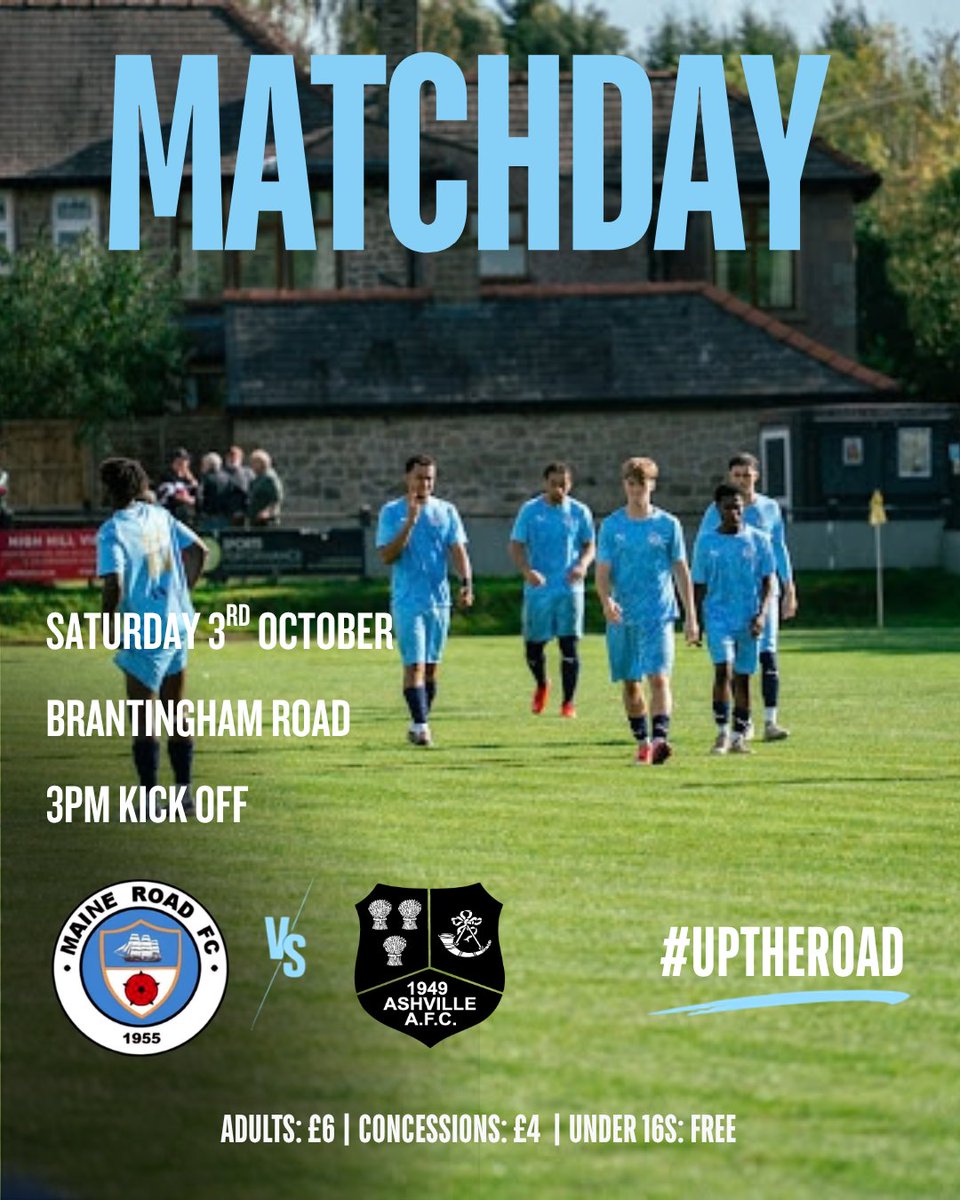 MaineRoadFC's tweet photo. MATCHDAY | Ashville AFC
We’re back at Brantingham Road!
Come down, bring your mates and get behind the boys!
📍 Brantingham Road
⏰ 3:00pm Kick-Off
🚗 Parking available
🎟️ Adults: £6
🎟️ Concessions: £4
🎟️ U16: FREE
Up The Road!
#MaineRoadFC #UpTheRoad #NWCFL https://t.co/qDiOxFDK5B