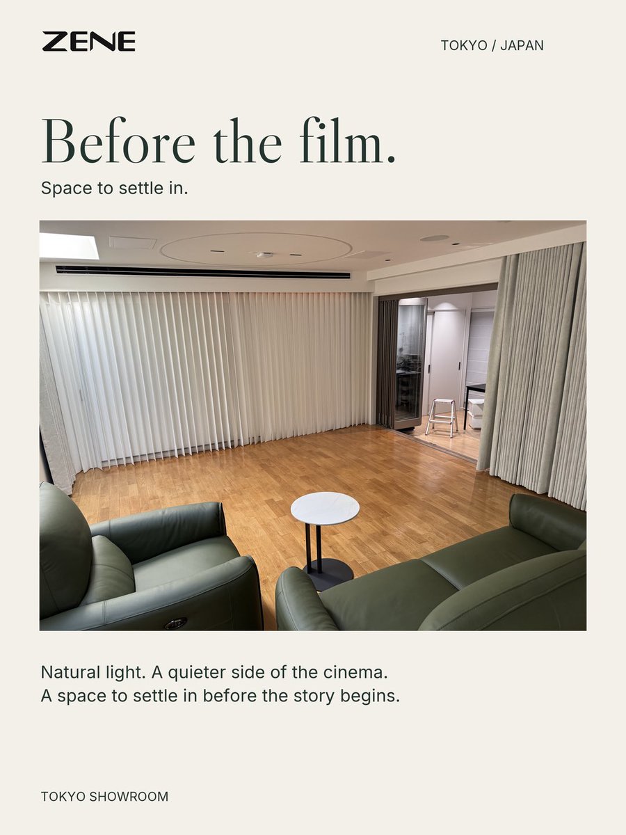 zene_official's tweet photo. An evening in Tokyo begins long before the lights go down.
Inside the ZENE Tokyo showroom: a room made for settling in, the people who helped shape it, and the systems behind the picture and sound.
A closer look at what makes the cinema experience feel at home.

#ZENE #Tokyo https://t.co/wd5wgVPSep