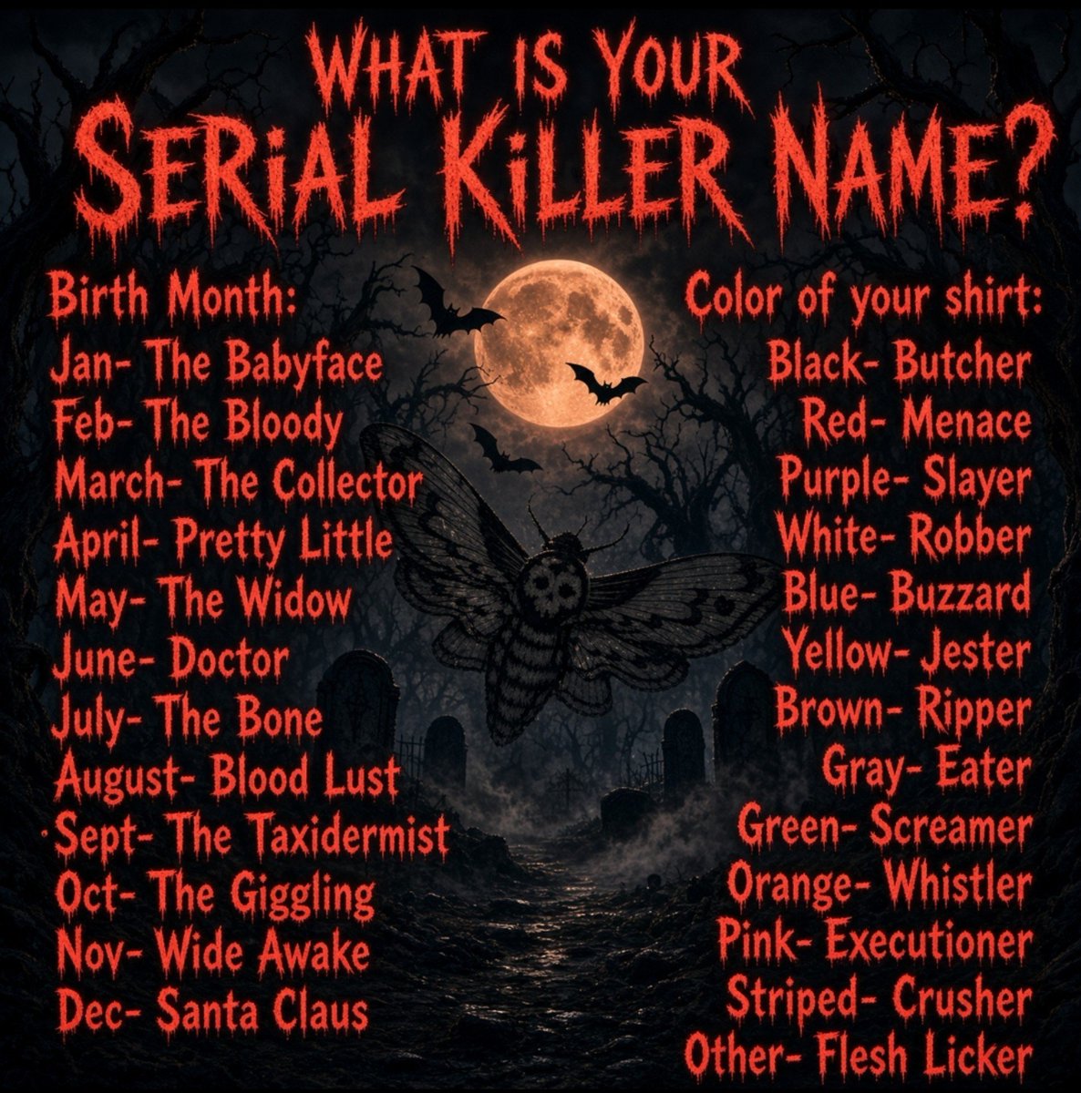 FunMovieTVFan's tweet photo. Horror Name Game

What's yours... https://t.co/aHvCp5Z7mX
