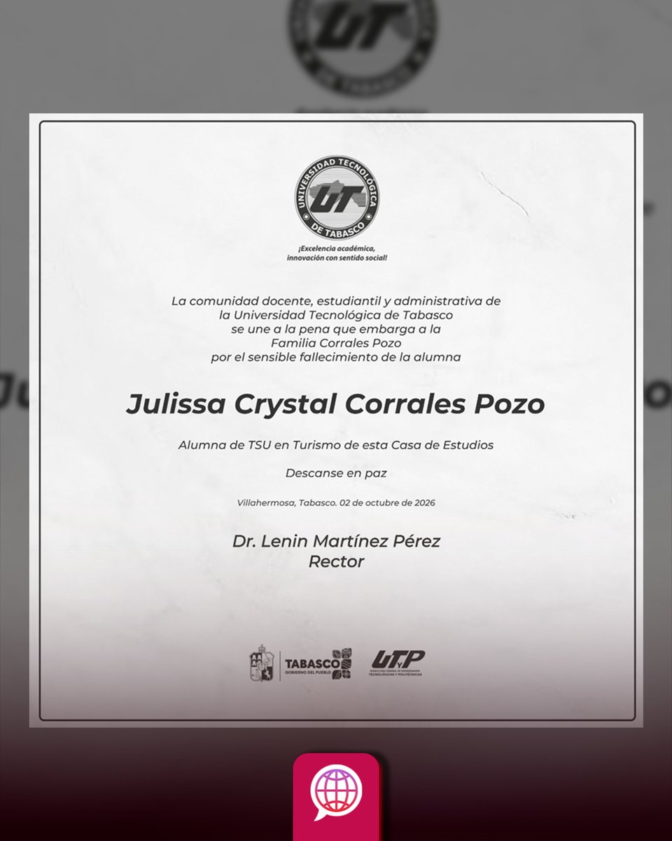SintextoMX's tweet photo. 🕊️ Luto en la UTTAB

La Universidad Tecnológica de Tabasco lamentó el fallecimiento de sus estudiantes Julissa Crystal Corrales Pozo y Edén Rodríguez Madrazo, víctimas del accidente ocurrido este viernes en la carretera Villahermosa–Teapa.

#Tabasco #UTTAB #Villahermosa #teapa #Accidente #Sintexto #Noticias