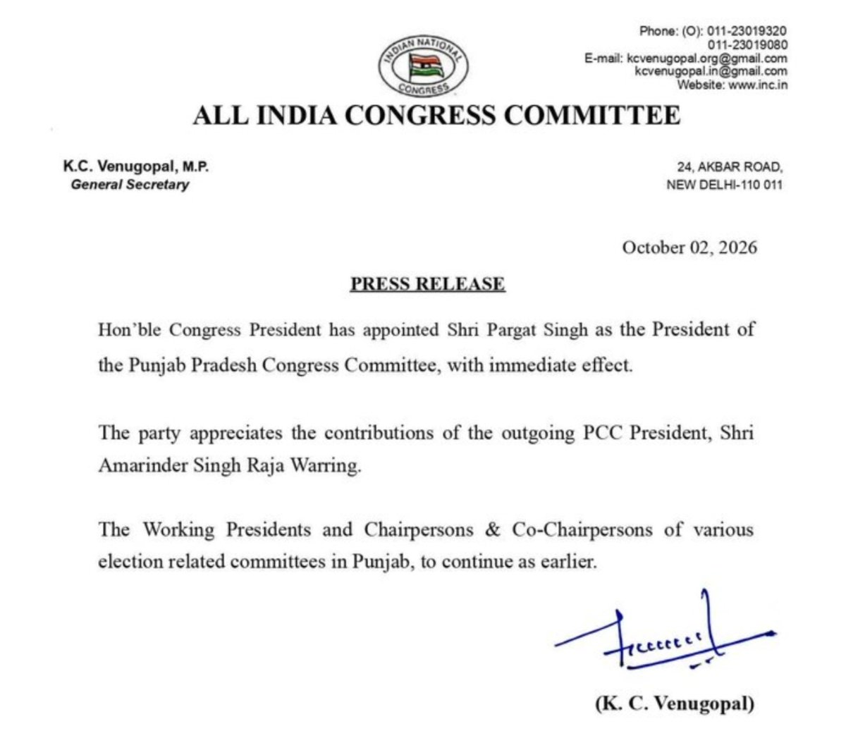 BaldeepMaan006's tweet photo. @PargatSOfficial has been appointed as the President of PPCC...
@INCIndia @INCPunjab https://t.co/4HnaZO0Pc8