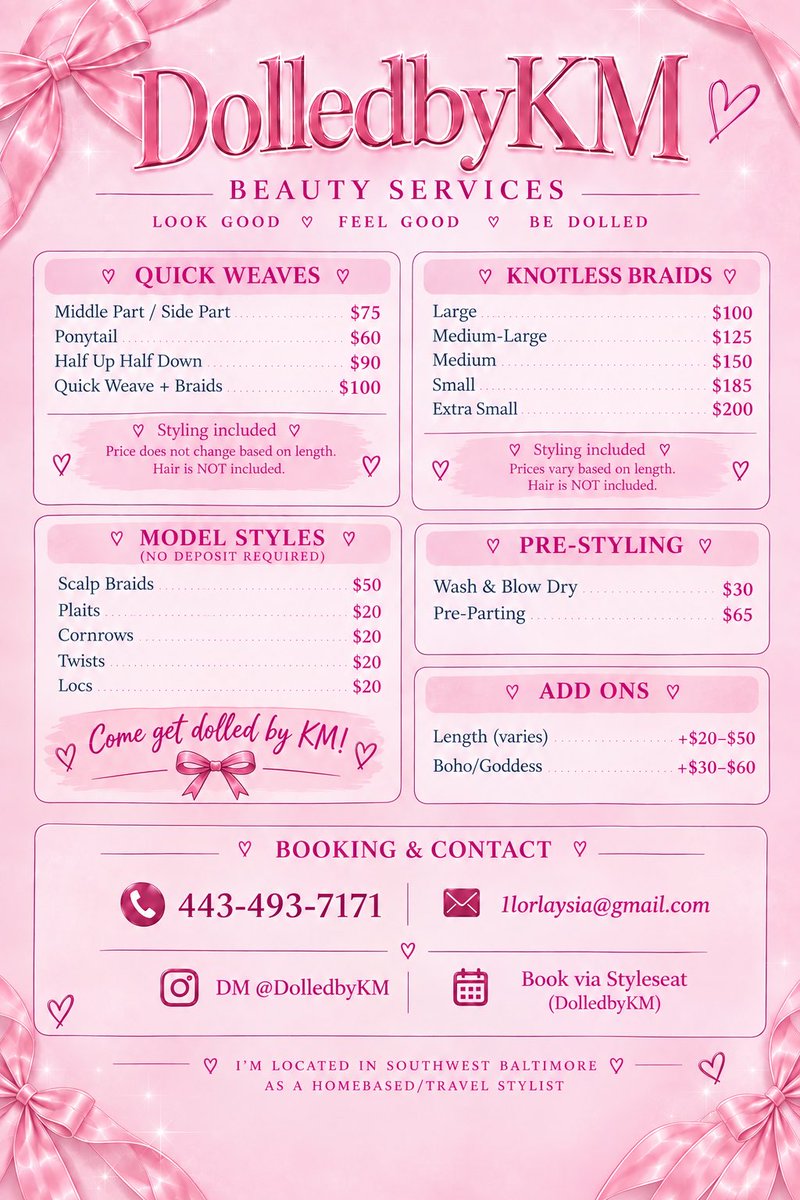 DolledbyKM's tweet photo. ✨ Now Booking Clients ✨
Looking for your next hairstyle? I’d love to have you in my chair! 🎀
Offering:
• Knotless Braids
• Quick Weaves
• Ponytails
• Braids & More
📍 Baltimore, MD
💌 DM @DolledbyKM to book
Secure your spot in advance! 🩷 #BaltimoreStylist #BookWithMe https://t.co/hjJfArTlZF