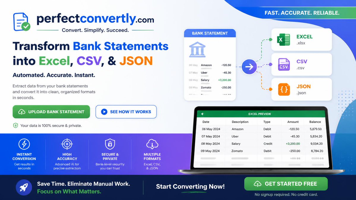 pdfConvertly's tweet photo. Still manually copying bank statement transactions into Excel? 😩

Try it free: https://t.co/Ca95MKDxXB

📷 PDF → Excel, CSV &amp; JSON 📷 Fast processing 📷 Secure file handling #Accounting#Bookkeeping

#Accounting #Accountant #Bookkeeping #CPA #Finance #TAXI https://t.co/Ys8vX79gHQ