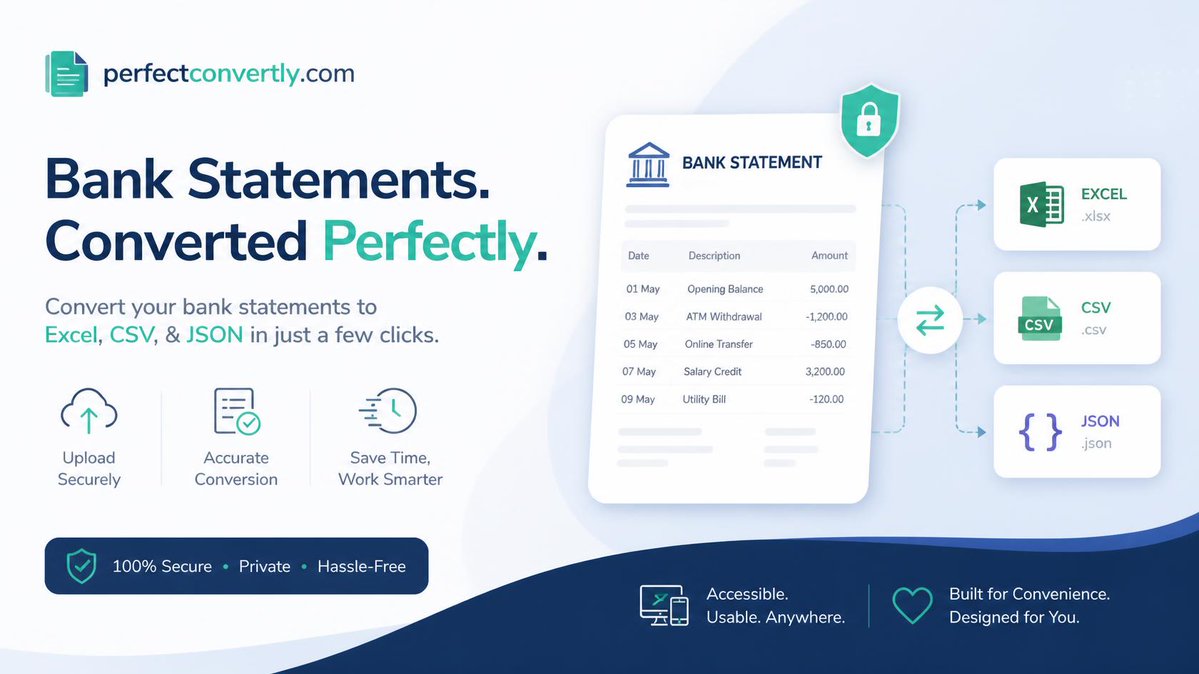 pdfConvertly's tweet photo. Still manually copying bank statement transactions into Excel? 😩

Try it free: https://t.co/Ca95MKD083

📷 PDF → Excel, CSV &amp; JSON 📷 Fast processing 📷 Secure file handling #Accounting#Bookkeeping

#Accounting #Accountant #Bookkeeping #CPA #Finance #Tax https://t.co/Sv1fuJ9P5L
