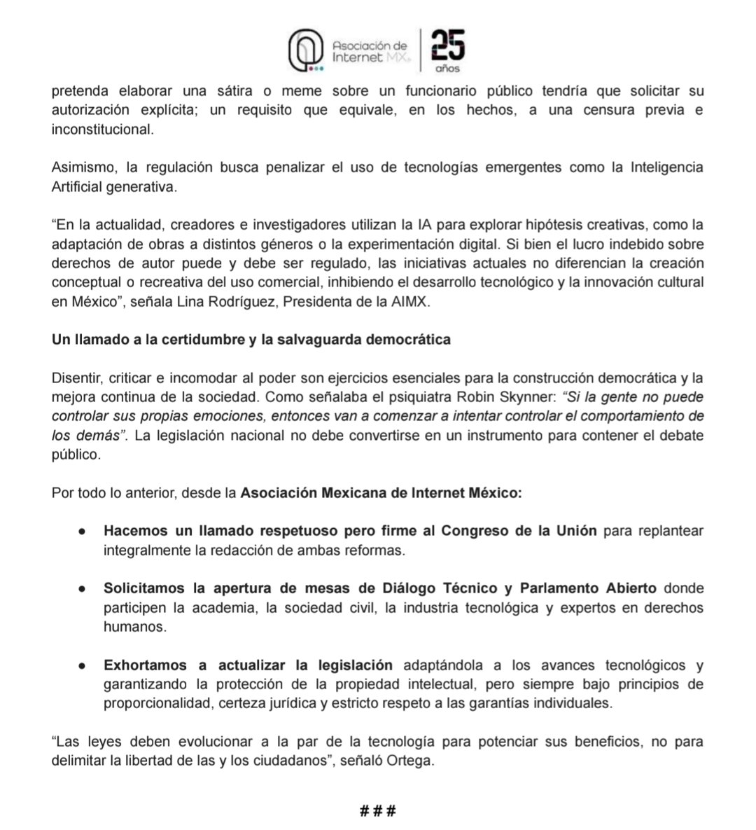 Rodpac's tweet photo. La @Asoc_InternetMX  considera que la ambigüedad de las iniciativas de propiedad intelectual en cuanto a inteligencia artificial  (#LeyAntimemes) erosionan la libertad de expresión y son un retroceso democrático. https://t.co/wbbMRMRXap