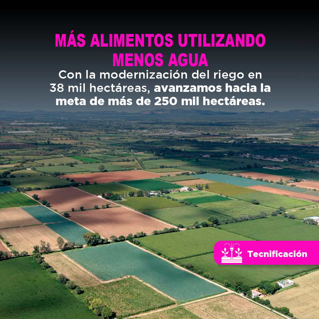 conagua_mx's tweet photo. Producir más alimentos con menos agua es construir un futuro con mayor bienestar.

El @GobiernoMX avanza en la tecnificación del campo que ya registra avances en 38 mil hectáreas de 250 mil que se planean para todo el sexenio. https://t.co/a6KyORPOY5