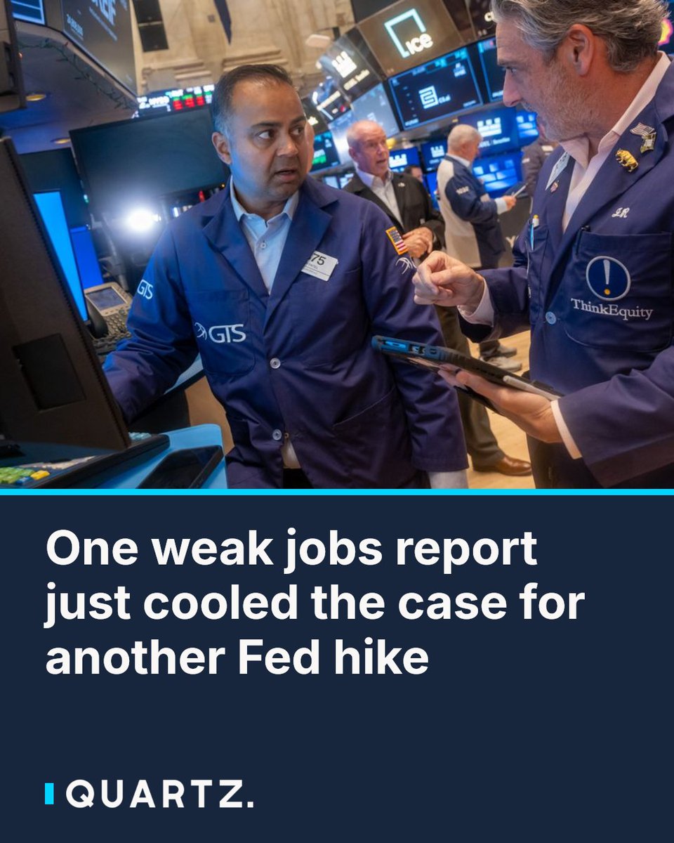 qz's tweet photo. One weak jobs report just cooled the case for another Fed hike: September's shockingly soft payroll number — just 29,000 jobs added versus an expected 84,000 — has markets now pricing in an 84% chance the Fed stands pat in October. With… dlvr.it/TVllWp #JobsReport #FedRateHike https://t.co/LBLXVyMqWK