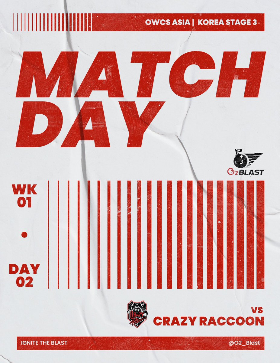 O2_Blast's tweet photo. [⚡ 𝐌𝐀𝐓𝐂𝐇 𝐃𝐀𝐘 ⚡️]

2026 OWCS ASIA | KOREA STAGE 3
WEEK 1 · DAY 2

🏁 O2 BLAST vs CRAZY RACCOON
[@crazyraccoon406]

📅 10.03 SAT | 3경기 · 18:00 KST

오늘, O2 BLAST의 Stage 3가 시작됩니다.
팬분들의 뜨거운 응원 부탁드립니다! ⚡

IGNITE THE BLAST
#O2BLAST #O2WIN #OWCS #IgniteTheBLAST