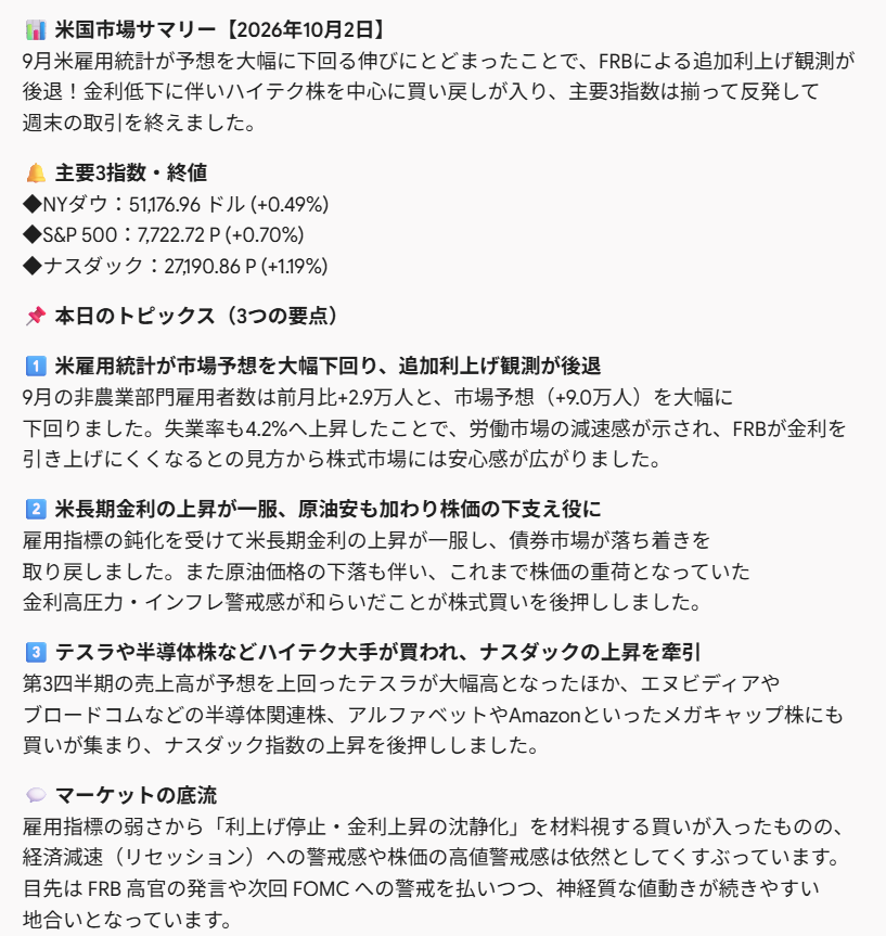 taroa1995's tweet photo. 📊 【昨日の米国市場サマリー】
9月米雇用統計が予想を下回り、利上げ観測が後退。金利上昇が一服したことで主要3指数は揃って反発しました！
#米国株 #投資初心者 #資産運用 https://t.co/QMBFaUhpUf