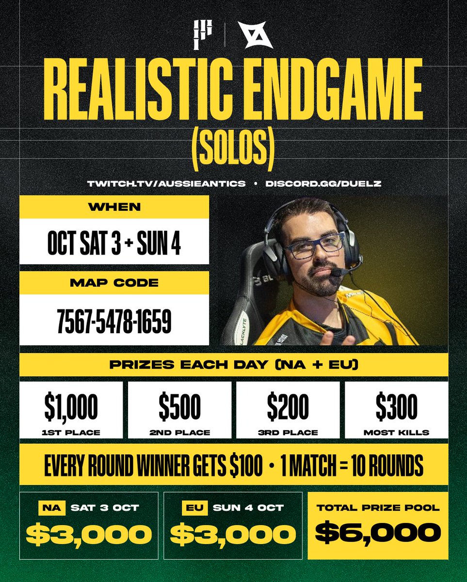 AussieAntics's tweet photo. 🚨 HOSTING TWO SOLO ENDGAME TOURNEYS 🚨

Prize Pool - $6,000 💰
Region - NA (3rd October) EU (4th October) 🌍
When - 5pm EST / 11pm CEST ⏰

If you haven't been DM'd an invite from @50taruns and want to play reply below 👇👇 https://t.co/fw0GnLuwEI