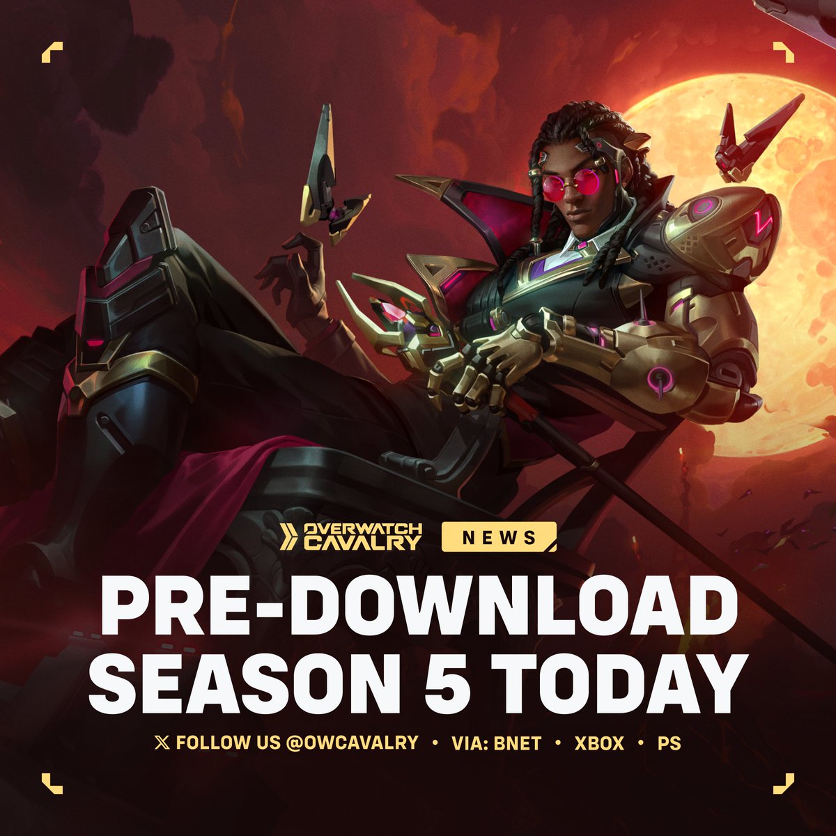 OWCavalry's tweet photo. Get ready for #Overwatch Season 5 🦇

A new pre-download is available on @battlenet and consoles, ready for October 06. This update includes Doctrine, Grímsvötn, Sombra &amp; Roadhog Reworks, Dokiwatch, and more.

⚰️ Size ≈ 6.00 GB (PC) https://t.co/7xgi8vc0nK