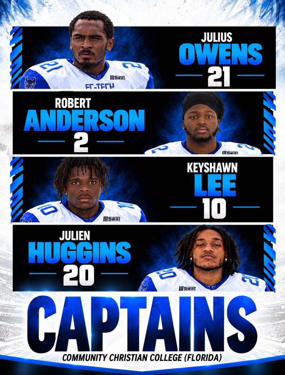 OfficialCCCFL's tweet photo. Meet your CCC Florida Bulls Game Day Captains, ready to lead the charge as we head into battle! 💪🔥

🐂 #21 Julius Owens
🐂 #2 Robert Anderson
🐂 #10 Keyshawn Lee
🐂 #20 Julien Huggins https://t.co/pP3zz61rLs