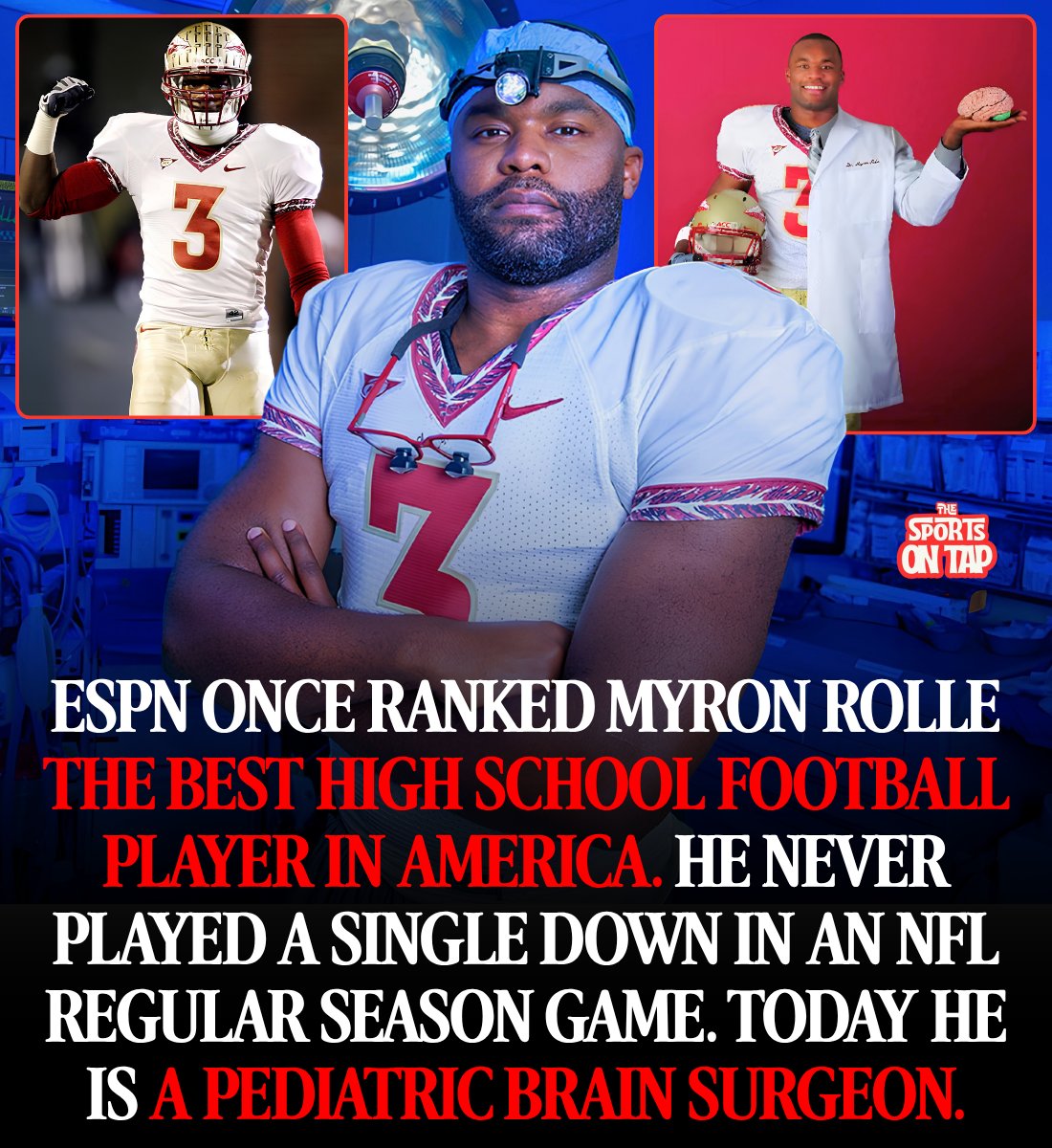 thesportsontap's tweet photo. ESPN once ranked Myron Rolle the best high school football player in America.

He never played a single down in an NFL regular season game.

Today he operates on children's brains.

Rolle grew up in Galloway Township, New Jersey. His parents are from the Bahamas. He went to the Hun School of Princeton and by 2006 the recruiting services had him at the top of the board, a five star safety every program in the country wanted.

He picked Florida State.

Then he finished his bachelor's degree in exercise science in two and a half years with a 3.75 GPA, and made third team All-American in 2008.

And then he won a Rhodes Scholarship.

The interview was in Birmingham, Alabama, on a Saturday, the same day Florida State was playing at Maryland. The NCAA let him charter a plane. He sat for the interview, found out he had won, got on the plane, landed in College Park and played in the game.

Here is where it turns.

He was projected as a first or second round NFL pick. Instead he skipped the entire 2009 season and went to Oxford for a year to earn a master's degree in medical anthropology.

When he came back, the league had moved on.

The Tennessee Titans took him in the sixth round, 207th overall, in 2010. Two hundred and six players went ahead of a kid who had been the number one recruit in the country.

He never appeared in a regular season game for Tennessee. He spent a stretch with the Pittsburgh Steelers and got released.

That was it. That was the whole NFL career.

In 2013 he walked away from football entirely and enrolled at the Florida State College of Medicine. He was 26 and starting over in a field where everybody else had been pointed at it since undergrad.

He graduated in 2017. Then he matched into neurosurgery at Massachusetts General Hospital and Harvard Medical School, which is roughly the hardest thing in American medicine to get into. Then a pediatric fellowship at Johns Hopkins.

In the spring of 2020 he was a resident working hospital floors during COVID.

Today he is a pediatric neurosurgeon at Nemours Children's Hospital in Orlando. He runs the Myron L. Rolle Foundation, which does health and education work for children and families who need it.

Be honest about the football part. Nobody can prove Oxford cost him. Scouts had real questions about whether he would commit to the sport, and plenty of number one recruits never make it for reasons that have nothing to do with a scholarship.

But here is what we know for sure.

He was told he was throwing away a career. He went anyway.

And the thing everybody was afraid he would choose instead of football is the reason some kid in Orlando is going to wake up tomorrow.

For more stories like this, follow us on any platform @thesportsontap