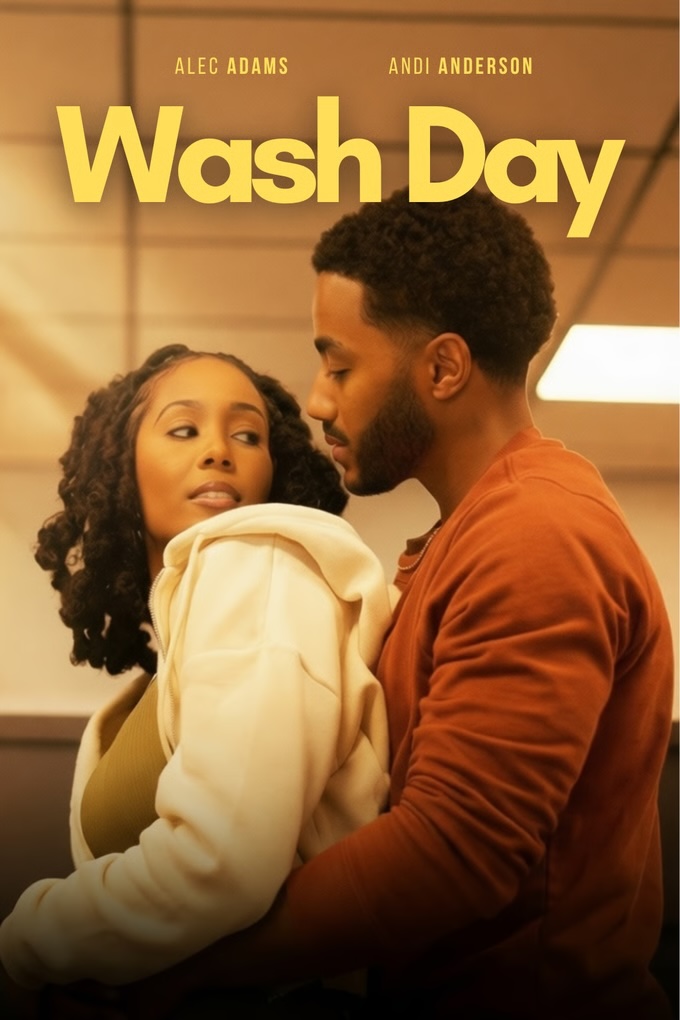 A couple shares an intimate embrace in a warmly lit space, with promotional text reading "ALEC ADAMS," "ANDI ANDERSON," and "WASH DAY" displayed above them, tying into the indie romance's laundromat setting where the story's unexpected love unfolds.