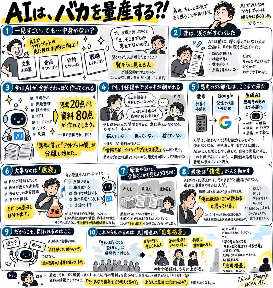 hkunimitsu's tweet photo. 【AIは、バカを量産する？！】

最近、本気でそう思うことがあります。

AIで、みんなのアウトプットは明らかに良くなった。

文章は綺麗。
企画も それっぽい。
分析も それっぽい。
戦略も それっぽい。

でも、実際に話してみると、
「え、そこまでしか考えてないの？」
と思うことが増えた。

賢くなった人が増えたというより、
「賢そうに見える人」
が爆発的に増えている。

これ、かなり怖い変化だと思っています。

AI以前は、深く考えていない人が企画を作ると、その浅さがそのままアウトプットにも出ていた。

論点が抜ける。
構造が悪い。
数字がない。
反論を考えていない。

だから、ちゃんと考えているかどうかが比較的わかりやすかった。

でも今はAIが、

市場分析
課題整理
競合分析
KPI
ロードマップ
リスク
反論

まで全部「それっぽく」作ってくれる。

思考20点でも、
資料80点が作れてしまう。

「思考の質」と「アウトプットの質」が分離し始めた。

しかも怖いのは、会議で1往復半くらいするとメッキが剥がれること。

「なんで競合はそれをやってないの？」
「このKPIが未達なら、最初に何を捨てる？」

少し踏み込んだ質問をすると、急に答えがなくなる。

なぜか？

本人が、

悩んでいない。
迷っていない。
捨てていない。

つまり、

AI資料の浅さは、
「情報不足」ではなく「プロセス不足」
なんだと思う。

思考のプロセスを通っていないから、想定外の問いに打ち返せない。

そして、これはもっと大きな流れの中で見ると結構怖い。

電卓は、計算を外部化した。
Googleは、記憶や検索を外部化した。

そして生成AIは、

分析
推論
仮説
アイデア
反論
文章化

という「思考そのもの」まで外部化できる。

人間は、使わなくて済む能力を少しずつ使わなくなる。

何も考えず、まずAIに聞く。
AIが出した答えを少し直して、自分の意見にする。

これを繰り返していたら、人間側の思考能力は普通に衰えていくと思う。

だから僕は以前から、AIを使う上で大事なのは「原液」だと思っています。

自分が経験したこと。
自分が感じた違和感。
自分なりの本質認識。
自分の仮説。

まず、この原液を自分で出す。

その原液をAIにぶつけて、

反論させる。
構造化する。
数字で検証する。
別の角度から見る。
言語化する。

AIは「原液を作る機械」ではない。
自分の原液を徹底的に精製し、深くするために使う。

そうすればAIは、
「史上最強の思考増幅器」
になる。

ところが、原液までAIに作らせ始めると、

考えも、
意見も、
戦略も、

全部どこかで見たようなものになっていく。これが「それっぽさ」の正体なんじゃないかと思う。

そして、もう一つ大事なのが「信念」。

AIが作った答えには、そのままだと腹括りがない。

最後に事業をやるのは人間。 
綺麗にまとまった80点の資料より、

「俺は絶対にここが跳ねると思っている」

という、その人自身の仮説や執念、当事者意識の方が、最後は人を動かす。

悩んで、
迷って、
何かを捨てて、

それでも「これをやる」と決める。
このプロセスから信念は生まれる。

だからAI時代に重要なのは、
「AIを使うか、使わないか」
ではなく、

「誰が思考の主導権を握っているか」

AIによって、
「それっぽいことを言える人」
は爆発的に増える。

だからこそ逆に、

「本当に深く考えられる人」
「自分の原液を持っている人」
「最後に腹を括れる人」

の希少価値は、さらに上がると思っています。

AIが人間をバカにするわけではない。

でも、

「深く考えなくても、それっぽく生きていける世界」

AI時代に本当に広がるのは、

AI格差より、

「思考格差」

なのかもしれない。

PS.
最近、それっぽく綺麗にまとまった「AI作の資料」を見るのに、正直ちょっと嫌気がさしてきてます…🤣

資料が綺麗かどうかより、

「で、あなた自身はどう考えてるの？」
「あなたの原液はどこにあるの？」

を聞きたくなる。w