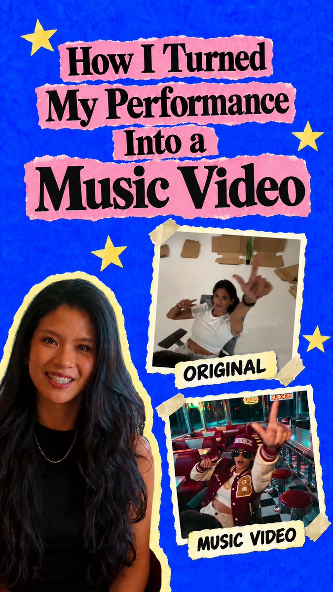 A graphic with a blue background and pink banners reading "How I Turned My Performance Into a Music Video," featuring a smiling young woman and two photos labeled "ORIGINAL" and "MUSIC VIDEO."