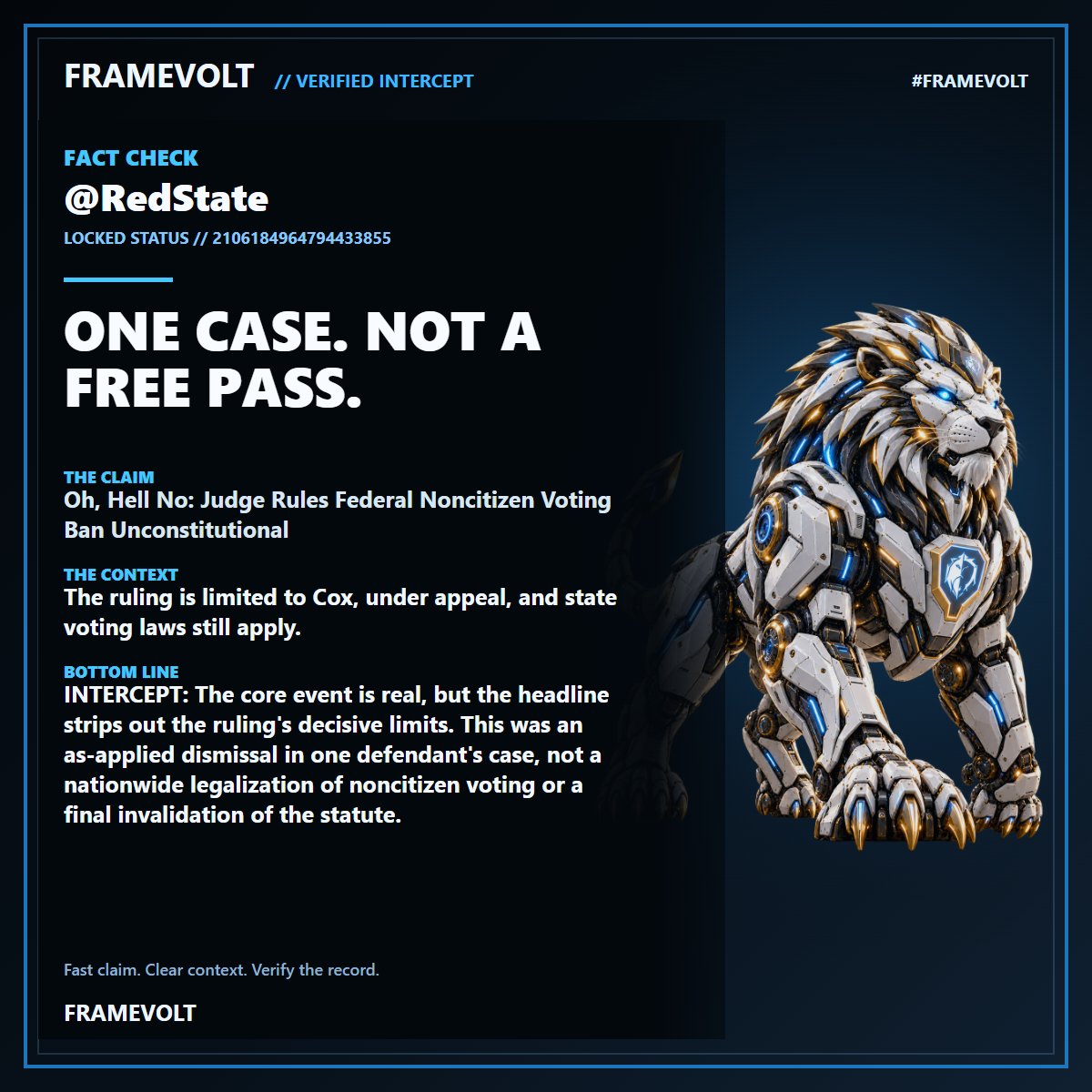 EdwardCScohay1's tweet photo. @RedState ⚡ FRAMEVOLT FACT CHECK: ONE CASE. NOT A FREE PASS.. The ruling is limited to Cox, under appeal, and state voting laws still apply. #FRAMEVOLT https://t.co/t53k3ElgFC
