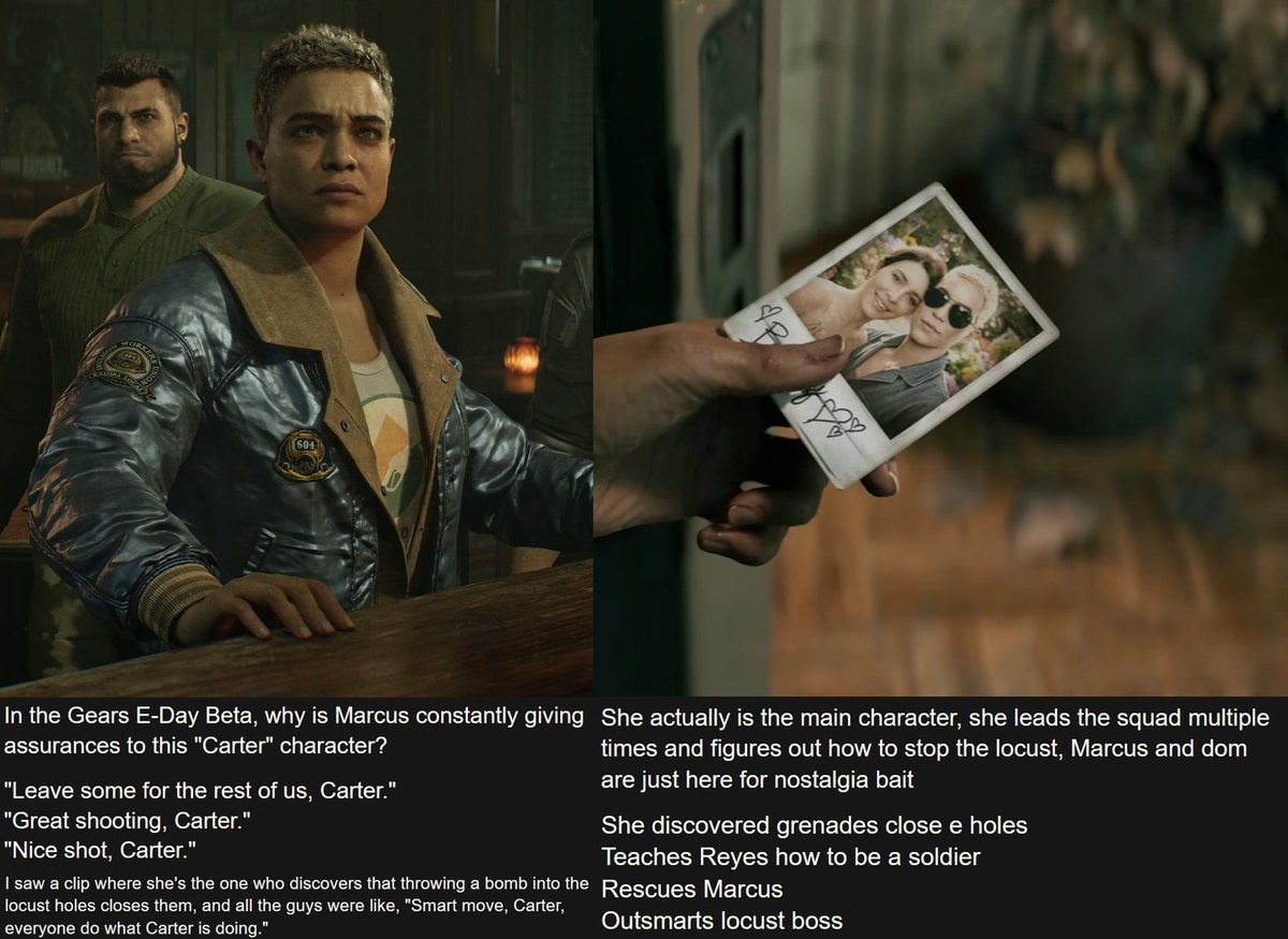 Aurondarklord's tweet photo. So yes, exactly what you thought would happen is exactly what happens, the ugly chick in Gears of War E-Day is a lesbian, who outdoes and humiliates the legacy protagonists at every turn and is revealed to have been the real hero of the Gears universe all along. https://t.co/k5EbrbYMTn