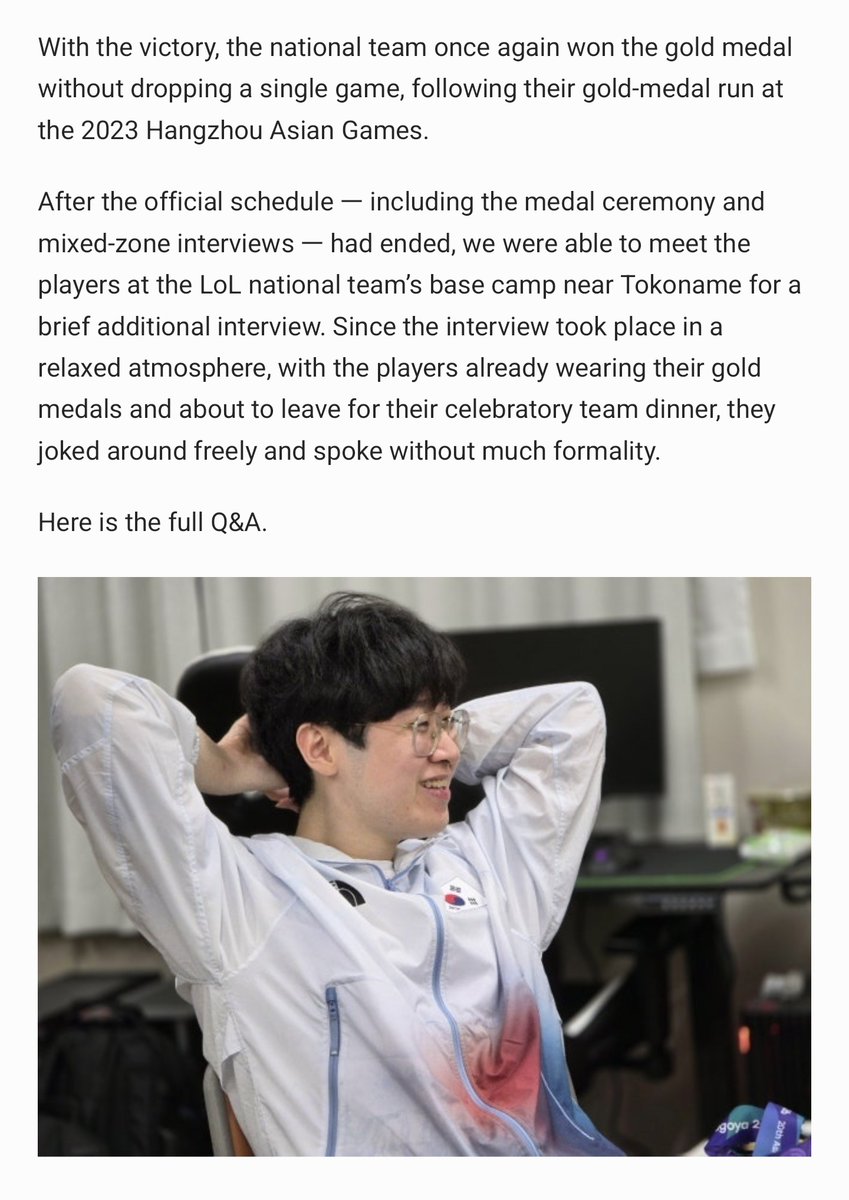 jhinmayusis's tweet photo. [ENG] kukmin ilbo’s interview with the korean national team for lolesports after they won the gold medal at the aichi-nagoya asian games. (1/5) source: https://t.co/6PNoW2VAIe. 🇰🇷🤍 a bit long, but a really fun interview, imo! you can really tell they’ve become very close. 🥹 https://t.co/jCdYnBoJqg