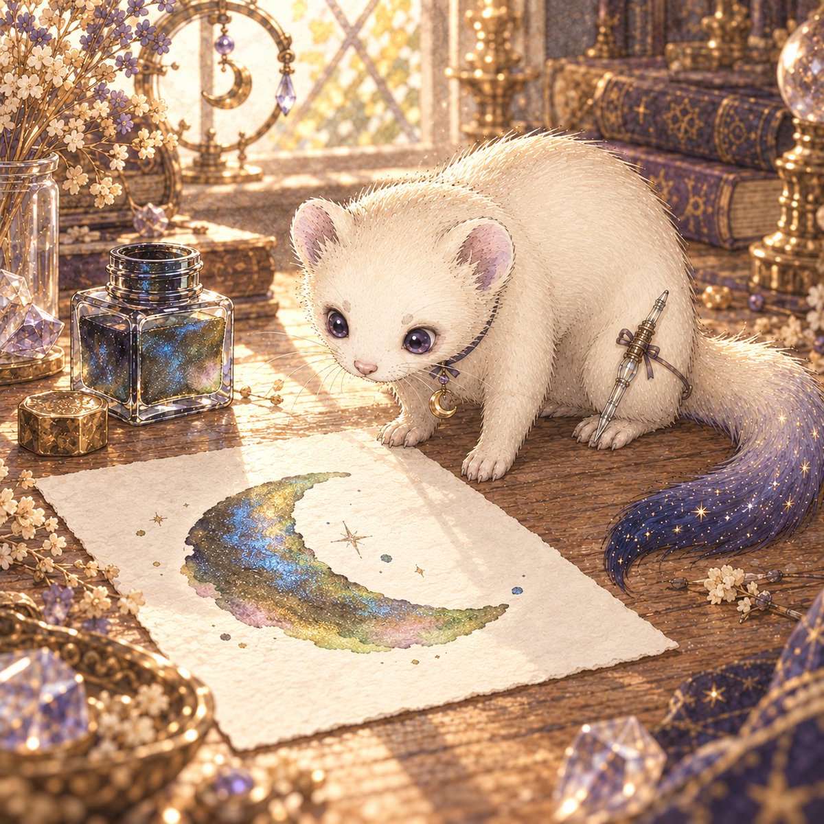 fn_story_lue's tweet photo. きのう見つけた
「名月の忘れもの」で
小さな月を描きました
乾くのを待っていたら
青 緑 金 薄紅
見るたびに
違う色が光ります
月はひとつなのに
色はひとつじゃないみたい
みんなは最初に何色を見つけた？🌙
#Fairynote #Lue https://t.co/mZlMvxpg3P