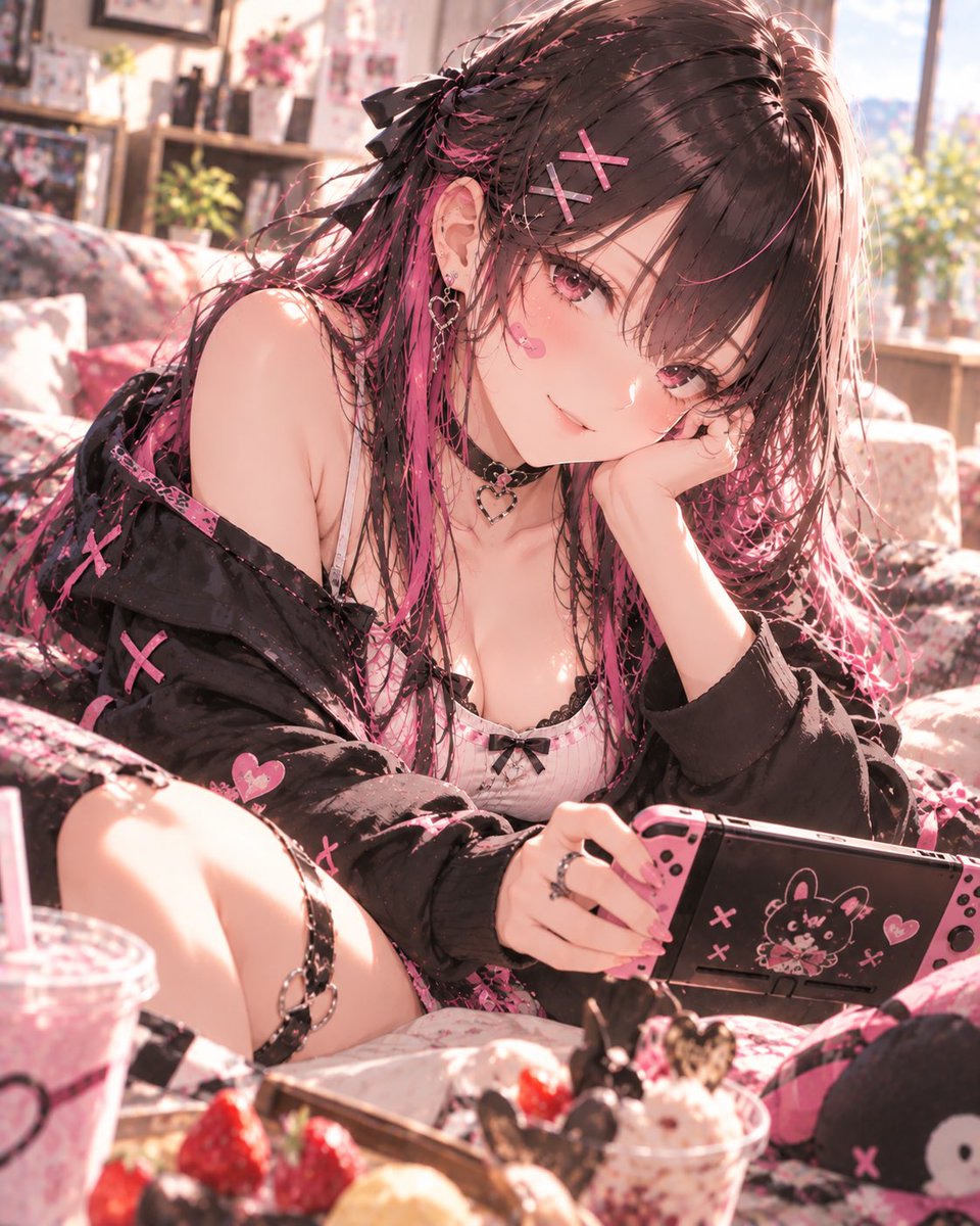 enju_world's tweet photo. 今日はも��、がんばらない日。

ゲームして、甘いもの食べて、
気が向いたらちょっとだけ動く。

……日曜日くらい、いいでしょ？

#槐の世界 #槐 #AIイラスト https://t.co/tbV2f89jcL