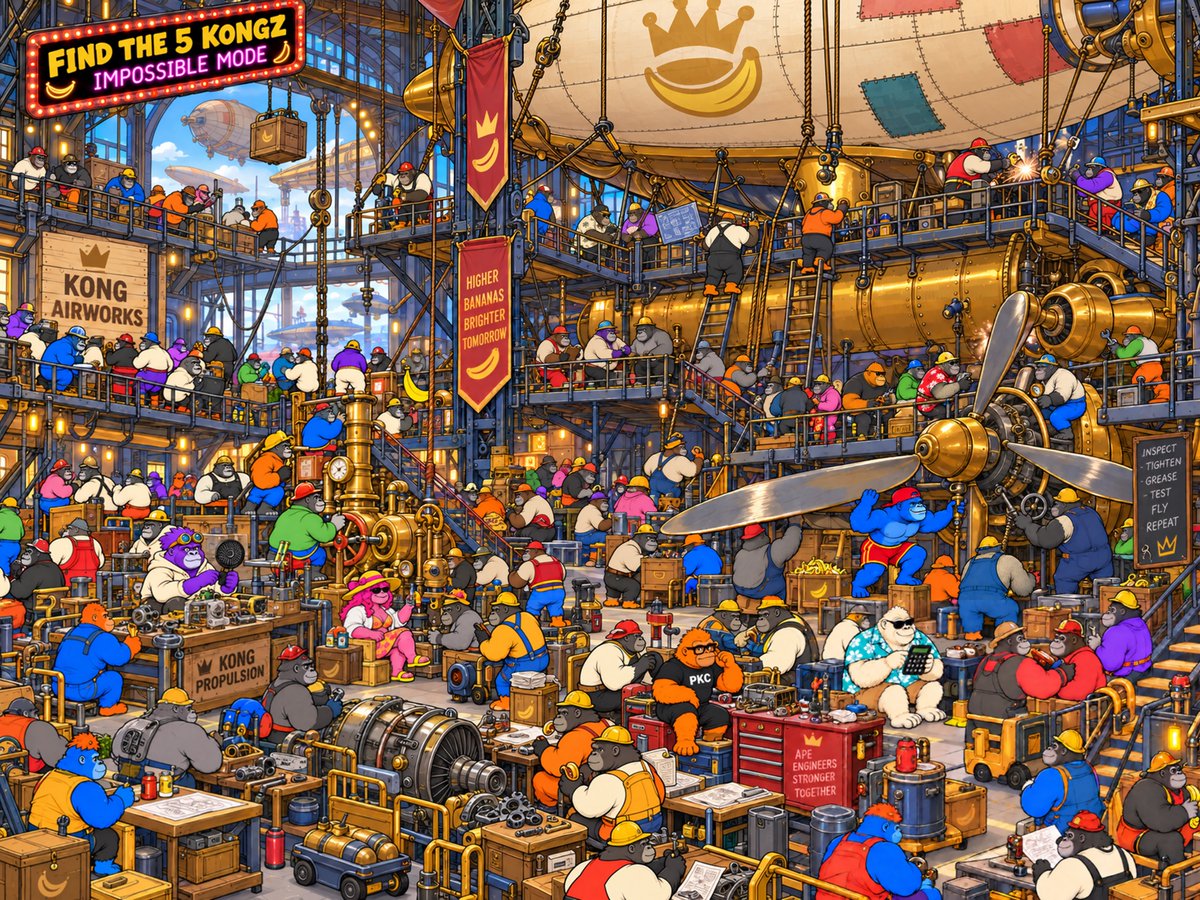 PKC_100's tweet photo. The 5 Kongz have escaped the banana market
and this time, they've hidden inside the secret Kong Airworks facility.
The problem is…
Dozens of Kongz are disguised as
mechanics, engineers, and workers. 👀
Find the real 5 Kongz.

#pkc #punkykongzclub #punkvism #Memecoin #Memes #Solana