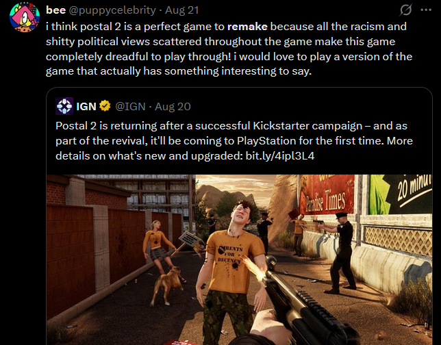 ShitpostRock's tweet photo. ''Gamers don't want games as art''

-Guy who wants games remade and censored because they have jokes he does not like https://t.co/7fzpbtG84J