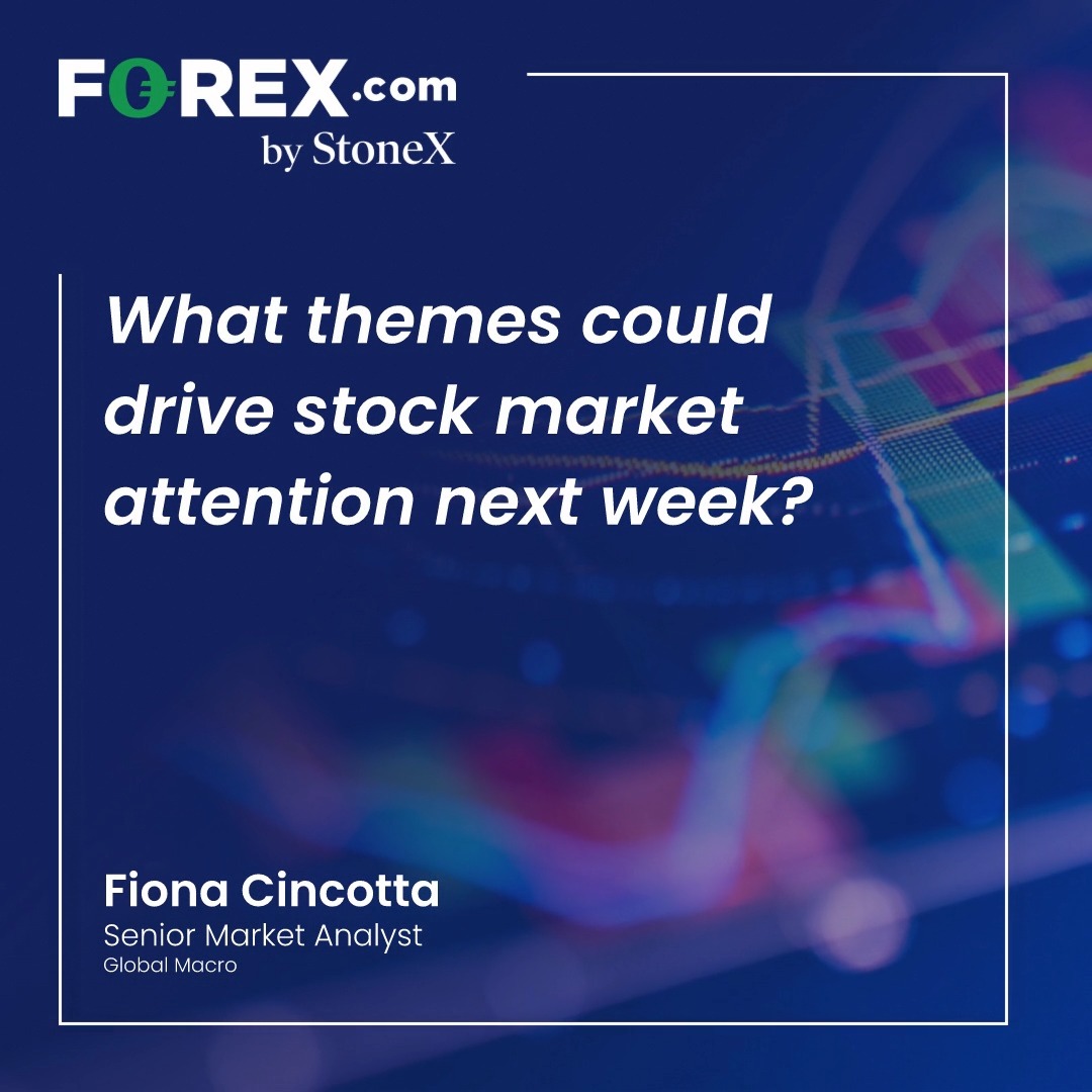 A FOREX.com by StoneX promotional graphic featuring the headline "What themes could drive stock market attention next week?" attributed to Fiona Cincotta, Senior Market Analyst, Global Macro, set against a blurred background of colorful stock chart line graphs in blue, purple, and pink tones. The image visually reinforces the post's theme by highlighting upcoming market-moving drivers discussed in the linked equities outlook.