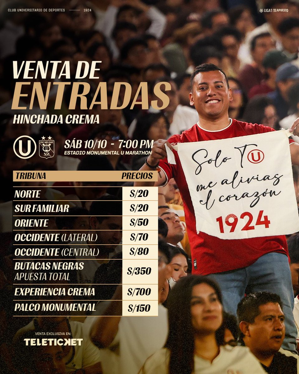 Universitario's tweet photo. 𝗡𝗔𝗗𝗔 𝗖𝗔𝗠𝗕𝗜𝗔 𝗘𝗦𝗧𝗘 𝗦𝗘𝗡𝗧𝗜𝗠𝗜𝗘𝗡𝗧𝗢 🤩💛

Abrimos la venta general de entradas para nuestro partido ante FBC Melgar por la fecha 11 del Clausura.

🏟️ ¡Sigamos demostrando que somos la mejor hinchada! 

🎟️ Adquiere tus entradas aquí ▶️ https://t.co/sJhF2k9rZz

#ConLaUsiempre