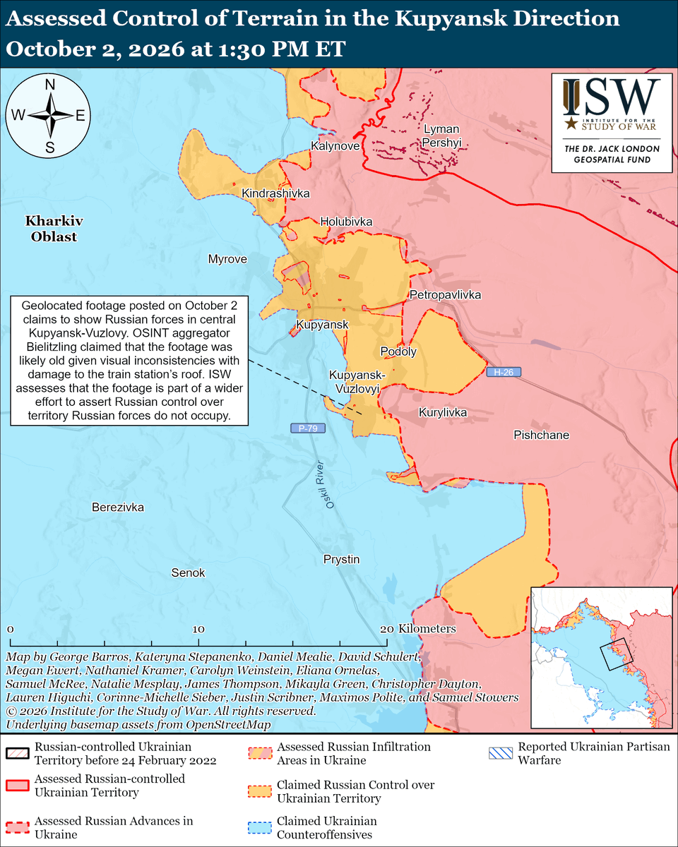 TheStudyofWar's tweet photo. NEW: Russian President Vladimir Putin advanced Russia’s ongoing cognitive warfare efforts to persuade the world that European leaders who respond to Russian threats and continued limited kinetic attacks in Europe are the actual aggressors.

Other Key Takeaways:

Ukrainian officials are confirming long-held assessments about Russia’s intent to target Ukraine’s civilian and critical infrastructure, especially in major cities, during its Winter 2026-2027 strike campaign. 

It remains vital for Ukraine and its supporters to work urgently to defend against the Russian attack on Ukraine’s civilian populations while simultaneously maintaining Ukraine’s current battlefield momentum and to avoid accepting tradeoffs between those two requirements.

Russian forces are likely stockpiling their ballistic and quasi-ballistic missiles in the meantime for more intense future long-range strike packages after Russia’s jet-powered drones have lost their current advantage. 

Scaling production of interceptors for jet-powered drones must be an urgent priority for all of Ukraine’s supporters alongside continuing efforts to source Patriot interceptors and to field new systems for intercepting ballistic missiles.

Ukrainian forces continue to conduct an intense intermediate-range strike campaign against Russian logistics in southern occupied Ukraine as part of battlefield-shaping operations that will likely continue to enable Ukrainian counteroffensives.

Zelensky assessed on October 2 that Putin is focusing on massive strikes against Ukraine because Russian battlefield gains in eastern Ukraine have slowed — in line with ISW’s recent assessment that Putin’s new theory of victory aims to rely on Russia’s Winter 2026-2027 long-range strike campaign to force Ukraine to surrender.