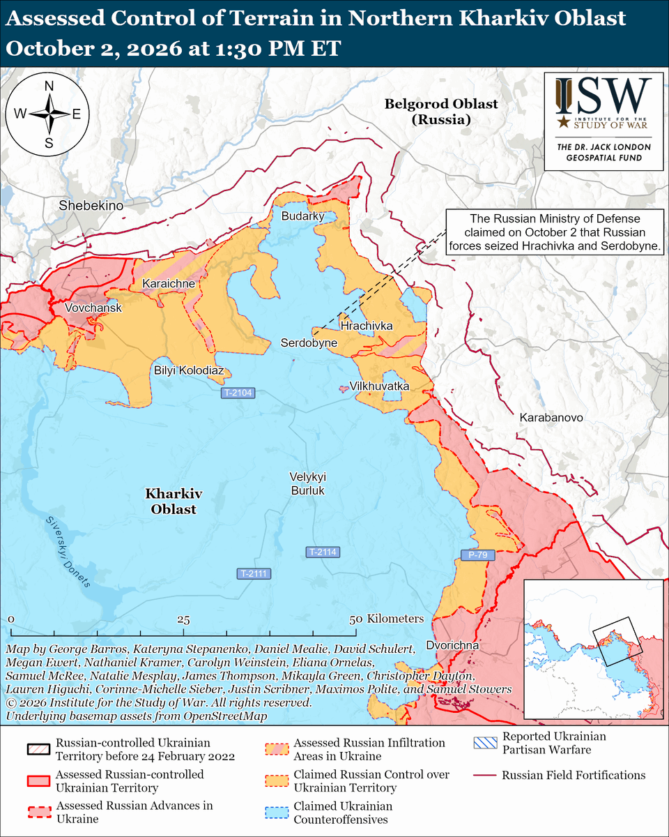 TheStudyofWar's tweet photo. NEW: Russian President Vladimir Putin advanced Russia’s ongoing cognitive warfare efforts to persuade the world that European leaders who respond to Russian threats and continued limited kinetic attacks in Europe are the actual aggressors.

Other Key Takeaways:

Ukrainian officials are confirming long-held assessments about Russia’s intent to target Ukraine’s civilian and critical infrastructure, especially in major cities, during its Winter 2026-2027 strike campaign. 

It remains vital for Ukraine and its supporters to work urgently to defend against the Russian attack on Ukraine’s civilian populations while simultaneously maintaining Ukraine’s current battlefield momentum and to avoid accepting tradeoffs between those two requirements.

Russian forces are likely stockpiling their ballistic and quasi-ballistic missiles in the meantime for more intense future long-range strike packages after Russia’s jet-powered drones have lost their current advantage. 

Scaling production of interceptors for jet-powered drones must be an urgent priority for all of Ukraine’s supporters alongside continuing efforts to source Patriot interceptors and to field new systems for intercepting ballistic missiles.

Ukrainian forces continue to conduct an intense intermediate-range strike campaign against Russian logistics in southern occupied Ukraine as part of battlefield-shaping operations that will likely continue to enable Ukrainian counteroffensives.

Zelensky assessed on October 2 that Putin is focusing on massive strikes against Ukraine because Russian battlefield gains in eastern Ukraine have slowed — in line with ISW’s recent assessment that Putin’s new theory of victory aims to rely on Russia’s Winter 2026-2027 long-range strike campaign to force Ukraine to surrender.