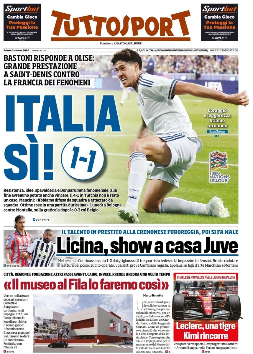 Chehaly's tweet photo. #LICINA PUTS ON A SHOW BACK HOME AT #JUVE

The talent on loan to #Cremonese is excelling, then gets injured

In the test match at la Continassa won 1-0 by the grigiorossi, the German attacking midfielder drove the defenders crazy. A bad fall and a wrist fracture: operated on immediately. #Spalletti tried #Cambiaso as a regista, applause for the second generation talents #Marchisio and #Montero.

[Front Page @tuttosport]