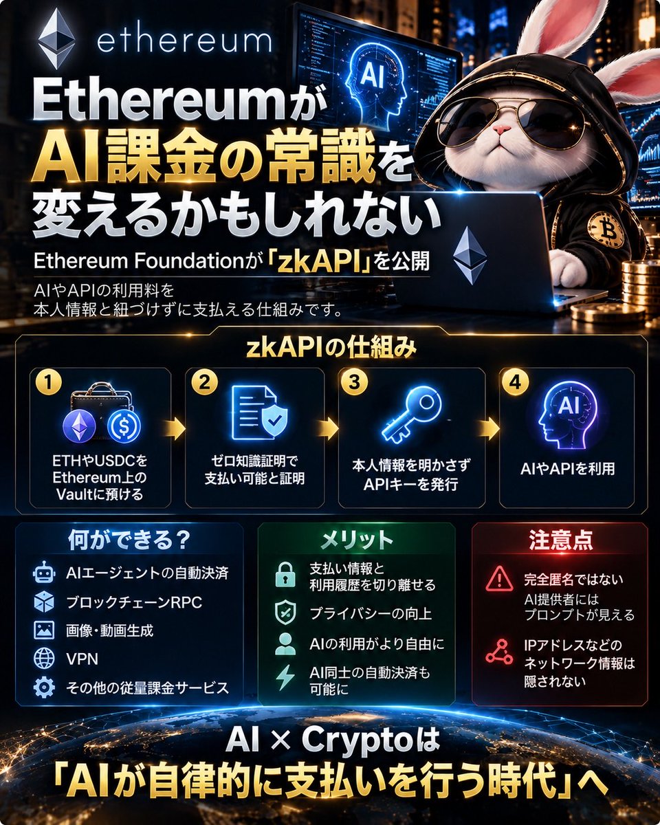 CryptoRabi888's tweet photo. 🚨 Ethereumが
「AI課金」の常識を
変えるかもしれない。

Ethereum Foundationが
「zkAPI」を公開。

AIやAPIの利用料を
本人情報と紐づけずに
支払える仕組みだ。

仕組みはシンプル。

ETHやUSDCを
Vaultに預ける
↓
ゼロ知識証明で
支払い可能と証明
↓
APIキーを発行
↓
AIを利用

つまり、

「誰が支払ったのか」と
「何を利用したのか」を
切り離せる。

AIエージェントによる
自動決済などにも
応用が期待される。

AI × Cryptoは
単なる投資テーマではなく

「AIが自分でお金を使う」

方向へ進み始めている。

#Ethereum #zkAPI #AI