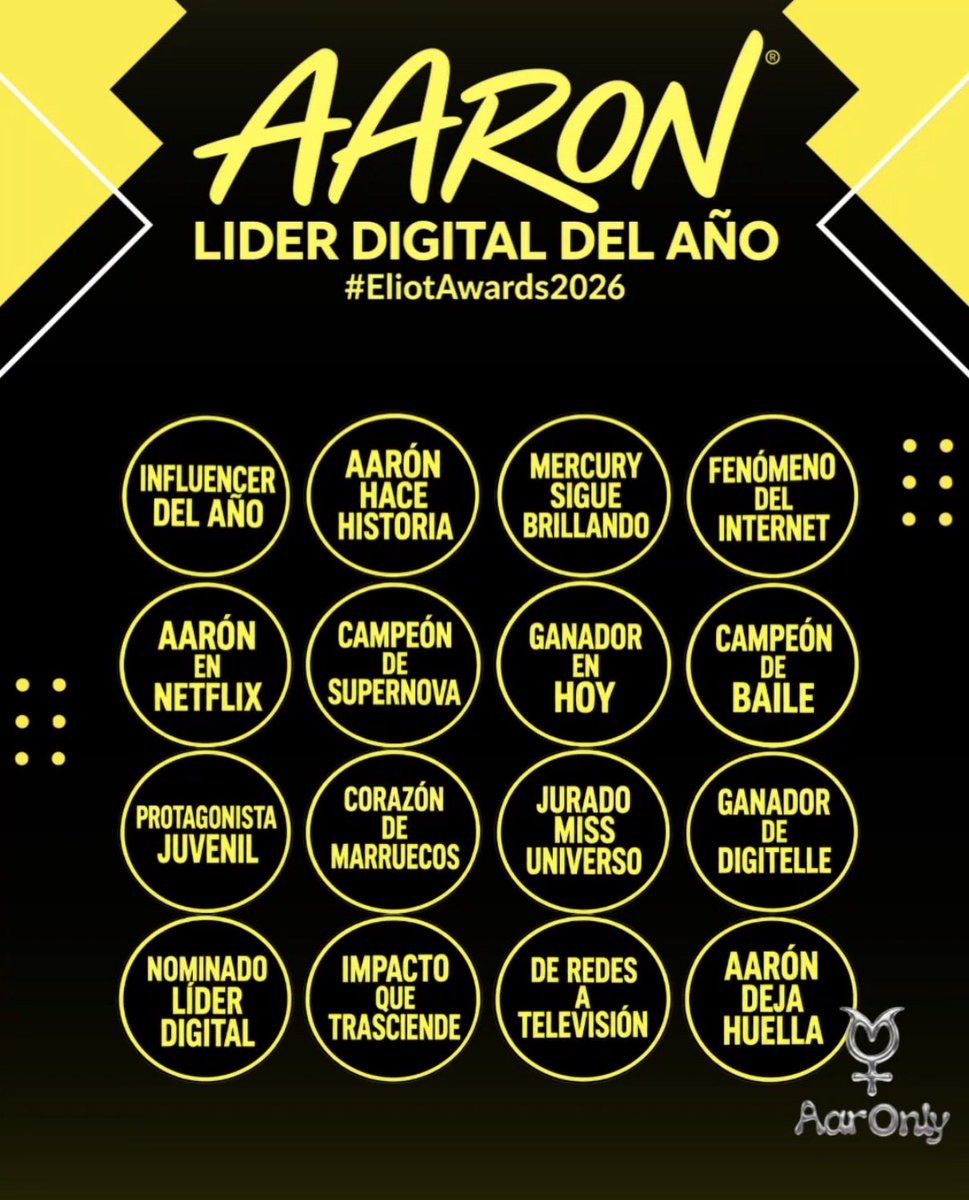 TEAMAARONLY's tweet photo. TENDENCIA 🚨

VAMOS A HACER RUIDO! 

Aarón está nominado en los Eliot Awards 2026 en la categoría LÍDER DIGITAL DEL AÑO. 

Usen las palabras en la tablita + frase + HT:

AARON LIDER DIGITAL DEL AÑO

#EliotAwards2026 https://t.co/N0nLVVCb9E
