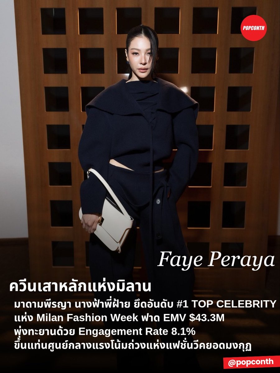 popconth's tweet photo. 🔴  ควีนเสาหลักแห่งมิลาน 💛🌻 มาดามพีรญา นางฟ้าพี่ฝ้าย ยึดอันดับ #1 TOP CELEBRITY แห่ง Milan Fashion Week ฟาด EMV 43.4 ล้านดอลลาร์สหรัฐ พุ่งทะยานด้วย Engagement Rate 8.1% ขึ้นแท่นศูนย์กลางแรงโน้มถ่วงแห่งแฟชั่นวีคยอดมงกุฏ ✨️

#FerragamoXFaye
#FayePeraya #Ferragamo #FerragamoSS27 #MilanFashionWeek  @ferragamo @malisorn00