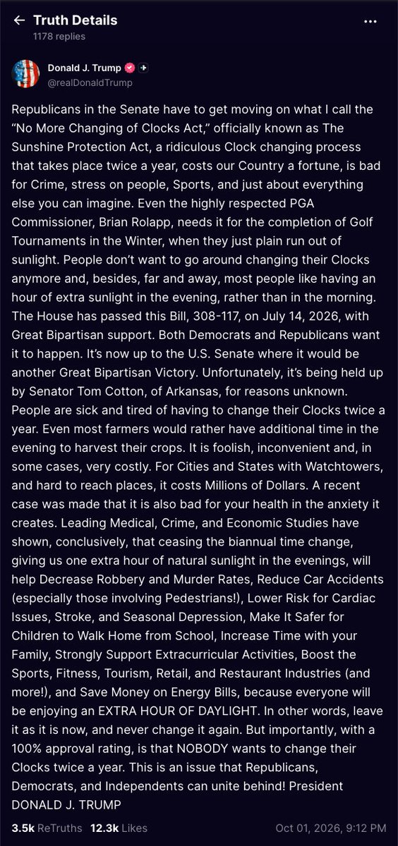 SaveStandard's tweet photo. President Trump says Professional Golfers’ Association “needs” permanent Daylight Saving Time for “when they just plain run out of sunlight”. 🚨 TRUTH is it would darken mornings, deprive sleep, increase accidents, lower productivity. 👉 Permanent Standard Time is needed instead! https://t.co/ly2DIxu2KV