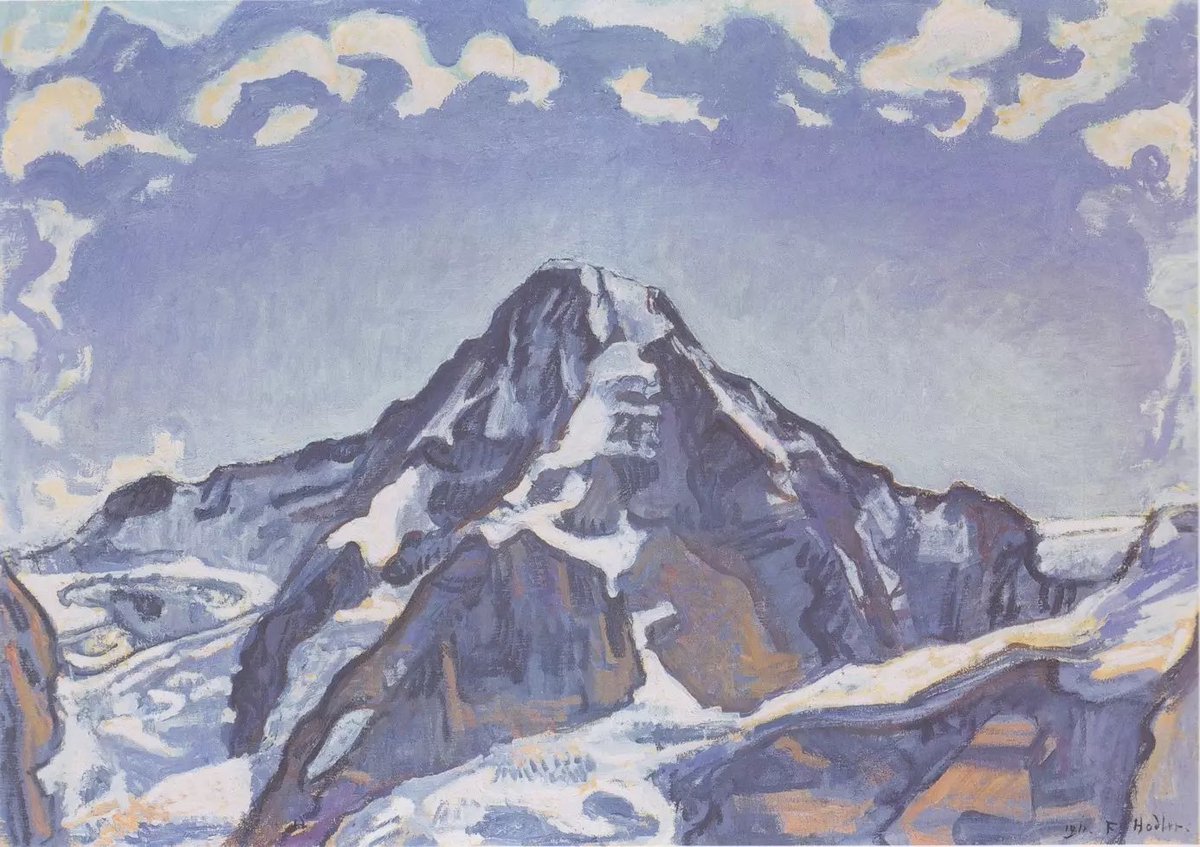 hollycurates's tweet photo. vibration-wise, very much getting Ferdinand Hodler’s thing with mountains and lakes. deeply relatable, the introverted intensity of fascination-driven fixation 

1/ Lake Thun with Mount Niesen, 1910
2/ Thun, Stockhornkette, 1904
3/ The Mönch with the clouds, 1911
4/ Lake Thun, symmetrical reflections, 1905