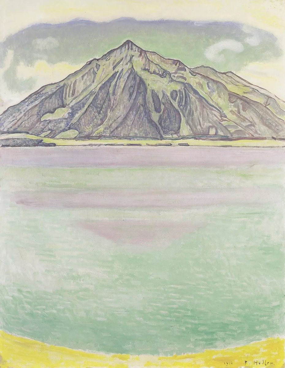 hollycurates's tweet photo. vibration-wise, very much getting Ferdinand Hodler’s thing with mountains and lakes. deeply relatable, the introverted intensity of fascination-driven fixation 

1/ Lake Thun with Mount Niesen, 1910
2/ Thun, Stockhornkette, 1904
3/ The Mönch with the clouds, 1911
4/ Lake Thun, symmetrical reflections, 1905