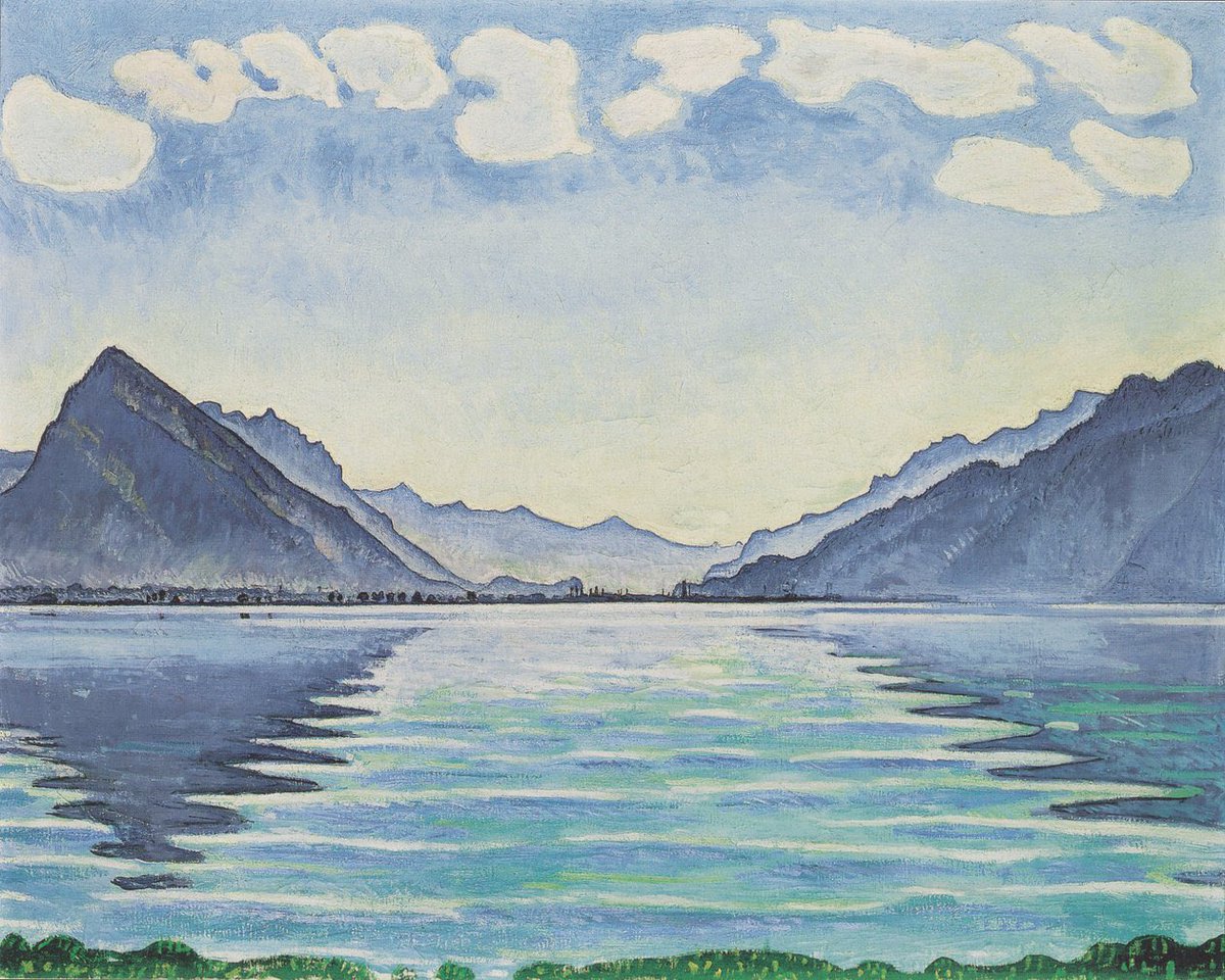 hollycurates's tweet photo. vibration-wise, very much getting Ferdinand Hodler’s thing with mountains and lakes. deeply relatable, the introverted intensity of fascination-driven fixation 

1/ Lake Thun with Mount Niesen, 1910
2/ Thun, Stockhornkette, 1904
3/ The Mönch with the clouds, 1911
4/ Lake Thun, symmetrical reflections, 1905