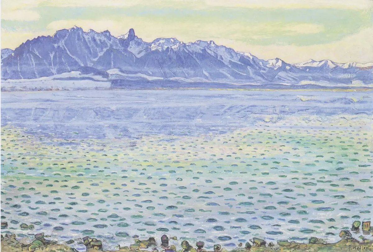 hollycurates's tweet photo. vibration-wise, very much getting Ferdinand Hodler’s thing with mountains and lakes. deeply relatable, the introverted intensity of fascination-driven fixation 

1/ Lake Thun with Mount Niesen, 1910
2/ Thun, Stockhornkette, 1904
3/ The Mönch with the clouds, 1911
4/ Lake Thun, symmetrical reflections, 1905