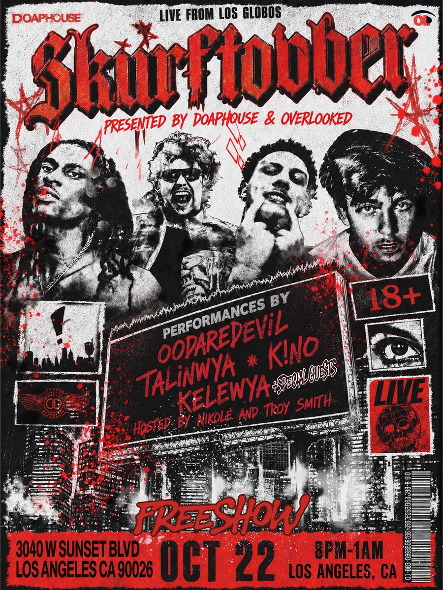 doaphouse's tweet photo. DoapHouse x Overlooked Presents 
SKURFTOBER in LA at Los Globos📍

Performances by 
Oodaredevil
Talinwya
K!no
Kelewya 
+ Special Guests 

FREE SHOW 18+ 

Who pulling up? 🤔 https://t.co/PD4WkcOpKk