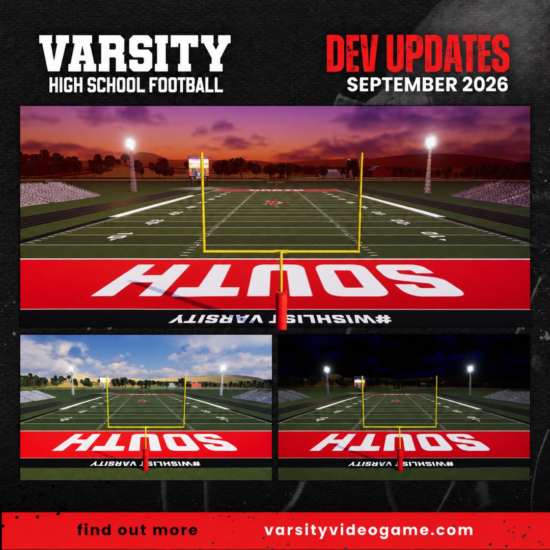varsityfbgame's tweet photo. 🔥 𝐃𝐞𝐯 𝐔𝐩𝐝𝐚𝐭𝐞 – 𝐕𝐚𝐫𝐬𝐢𝐭𝐲 𝐇𝐢𝐠𝐡 𝐒𝐜𝐡𝐨𝐨𝐥 𝐅𝐨𝐨𝐭𝐛𝐚𝐥𝐥 
The push toward full 11v11 continues 👇

🏈 𝐆𝐚𝐦𝐞𝐩𝐥𝐚𝐲 • Field goals, punts + kickoffs are now in the game • Smarter zone defense with follow/release logic + deep safety coverage • Full 11v11 gameplay remains the goal by the end of the year

🎥 𝐌𝐨𝐜𝐚𝐩 • New RB sessions captured jukes, spins, hurdles + celebrations • Line play mocap is coming up next

🌙 𝐄𝐧𝐯𝐢𝐫𝐨𝐧𝐦𝐞𝐧𝐭𝐬 • Day, sunset + Friday night lighting in development 🏟️ • Rural, suburban + city environments are being built • Modular field builder will let you customize the world around your stadium

👉 https://t.co/o0mLg8b3zx

#VarsityVideoGame #HighSchoolFootball #IndieGameDev #FootballGaming