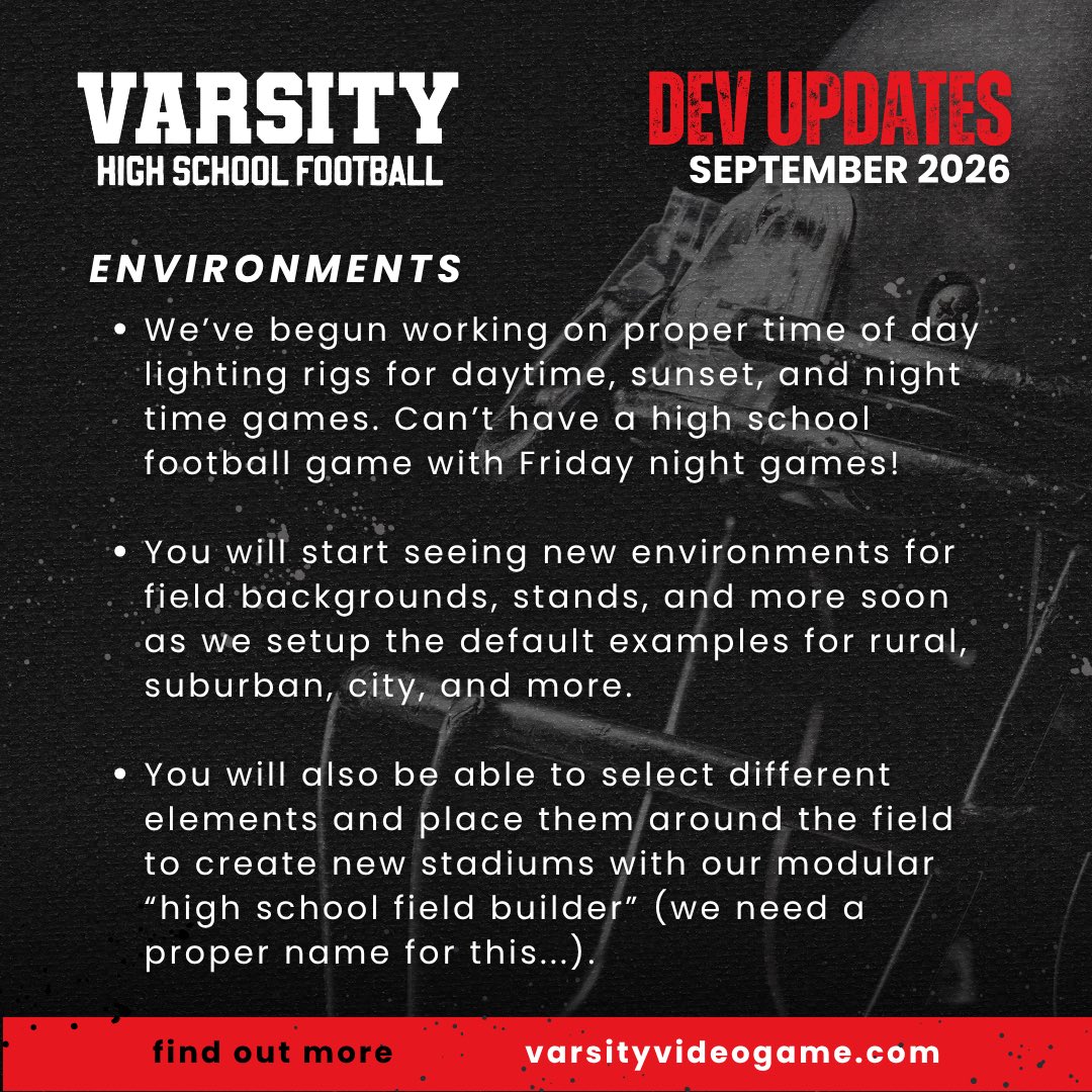 varsityfbgame's tweet photo. 🔥 𝐃𝐞𝐯 𝐔𝐩𝐝𝐚𝐭𝐞 – 𝐕𝐚𝐫𝐬𝐢𝐭𝐲 𝐇𝐢𝐠𝐡 𝐒𝐜𝐡𝐨𝐨𝐥 𝐅𝐨𝐨𝐭𝐛𝐚𝐥𝐥 
The push toward full 11v11 continues 👇

🏈 𝐆𝐚𝐦𝐞𝐩𝐥𝐚𝐲 • Field goals, punts + kickoffs are now in the game • Smarter zone defense with follow/release logic + deep safety coverage • Full 11v11 gameplay remains the goal by the end of the year

🎥 𝐌𝐨𝐜𝐚𝐩 • New RB sessions captured jukes, spins, hurdles + celebrations • Line play mocap is coming up next

🌙 𝐄𝐧𝐯𝐢𝐫𝐨𝐧𝐦𝐞𝐧𝐭𝐬 • Day, sunset + Friday night lighting in development 🏟️ • Rural, suburban + city environments are being built • Modular field builder will let you customize the world around your stadium

👉 https://t.co/o0mLg8b3zx

#VarsityVideoGame #HighSchoolFootball #IndieGameDev #FootballGaming