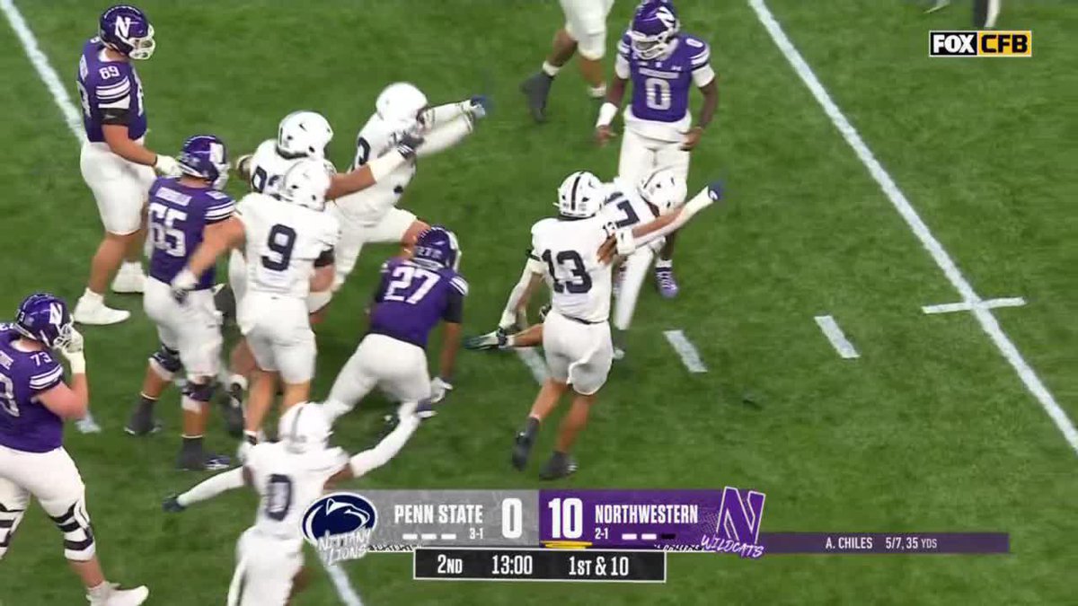 Penn State and Northwestern players celebrate on the field during a Big Ten football game shown on FOX CFB, with Northwestern leading 10-0 in the second quarter. The image captures the energetic on-field atmosphere that matches the post's anticipation of being "back."