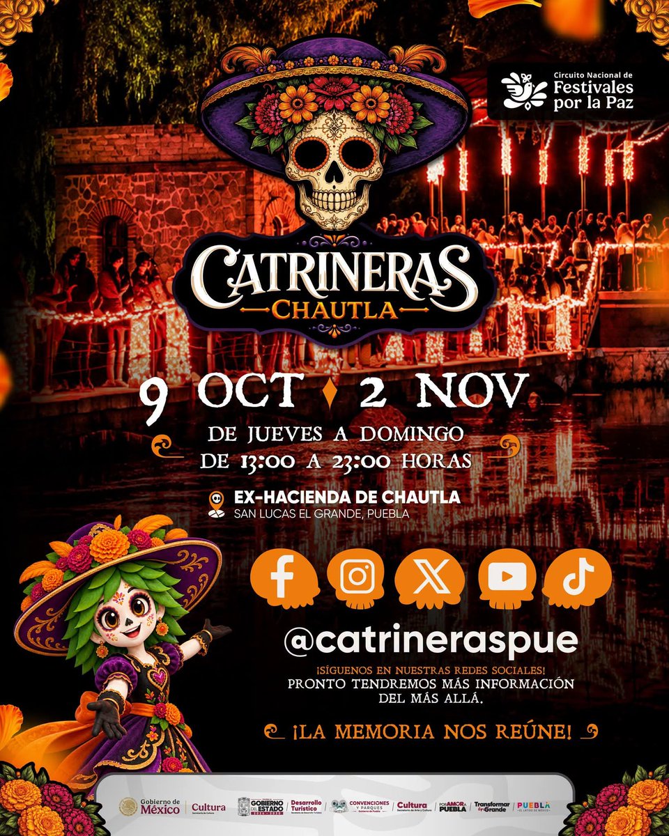 MxInteraccion's tweet photo. 🏵🕯💀 #CatrinerasChautla

La Memoria nos reúne, del 09 de Octubre al 02 de Noviembre en la Ex Hacienda de Chautla

tracciones como casas del terror, paseos en trajinera, leyendas inmersivas, gastronomía y actividades para toda la familia. 

@Gob_Puebla @ConvencionesPue https://t.co/DZTjckLiKP