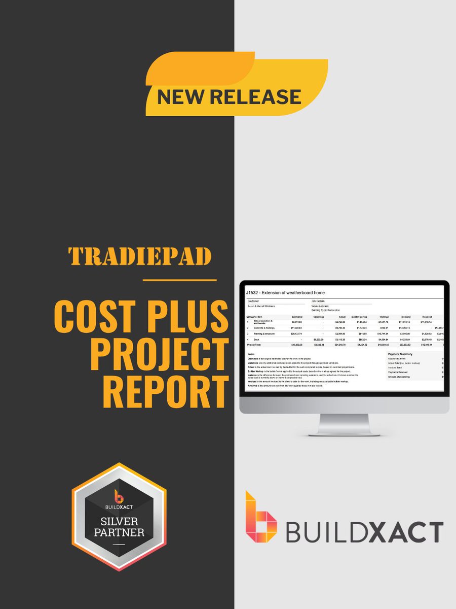 tradiepad's tweet photo. Running cost plus jobs? Buildxact's new Project Breakdown report brings estimates, actual costs, markup, variance and invoicing into one place. TradiePad's a Silver Partner, call us for help with Buildxact setup, optimisation and training.

#Buildxact #TradiePad #Builders https://t.co/kC6Hzv6dR3